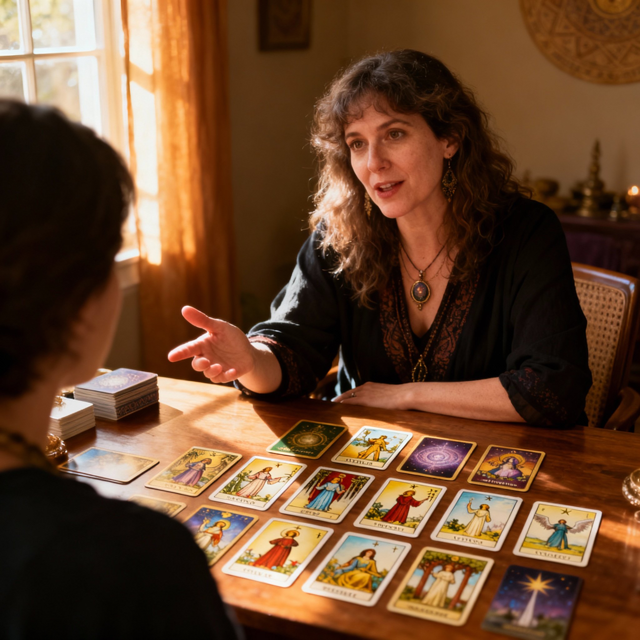 An interactive scene of psychic Sydney Gold in a consultation with a client. Tarot cards are spread on the table, and Sydney is focused on interpreting for the client, who listens intently. The entire scene feels relaxed and insightful.
