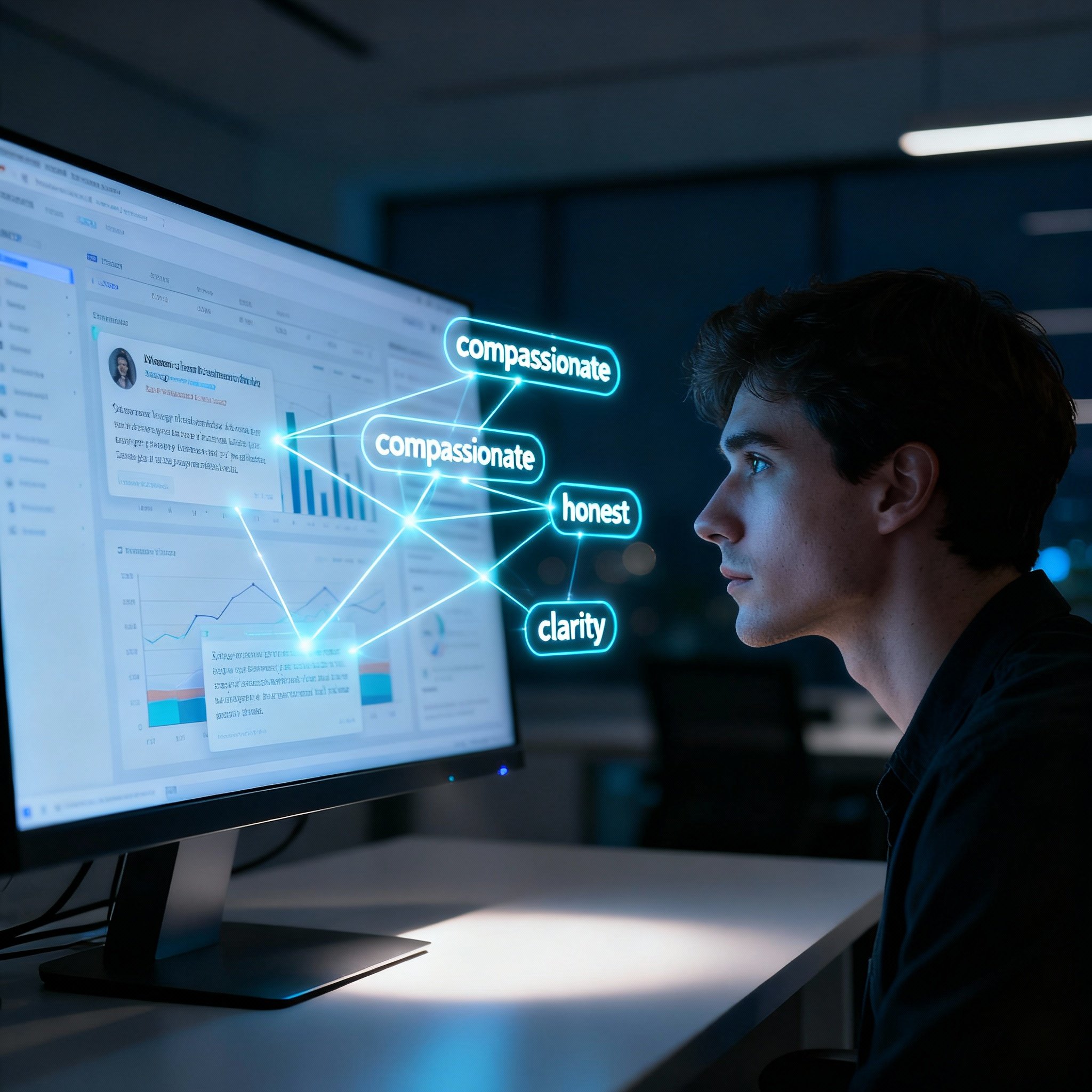A consultant looking at a digital screen filled with data and user reviews. Holographic emotional word clouds and connection lines emerge from the screen, visualizing the process of in-depth analysis of user feedback.