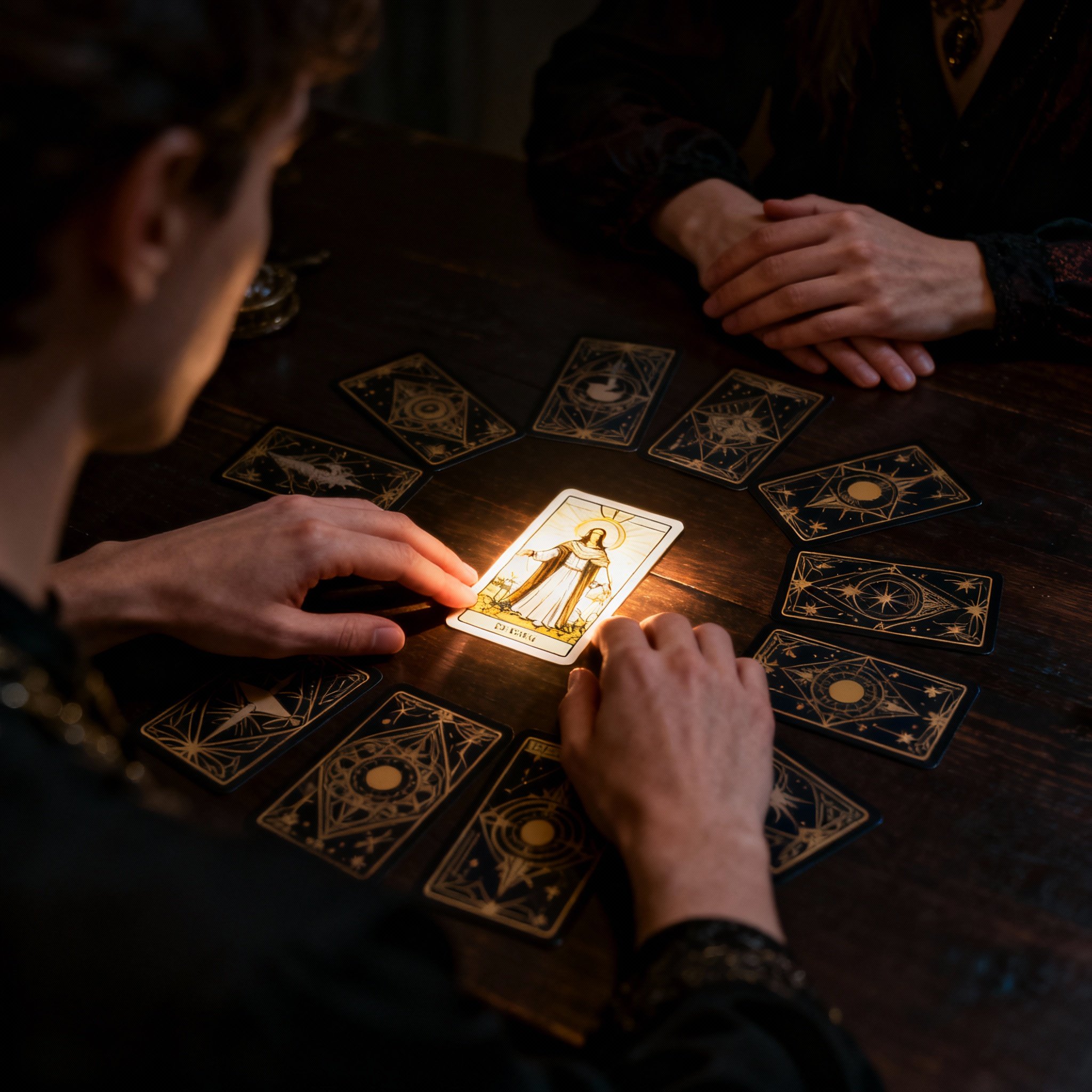 A psychic lays out Tarot cards on a table, interpreting key information for a client, focusing on the insightful consultation interaction.