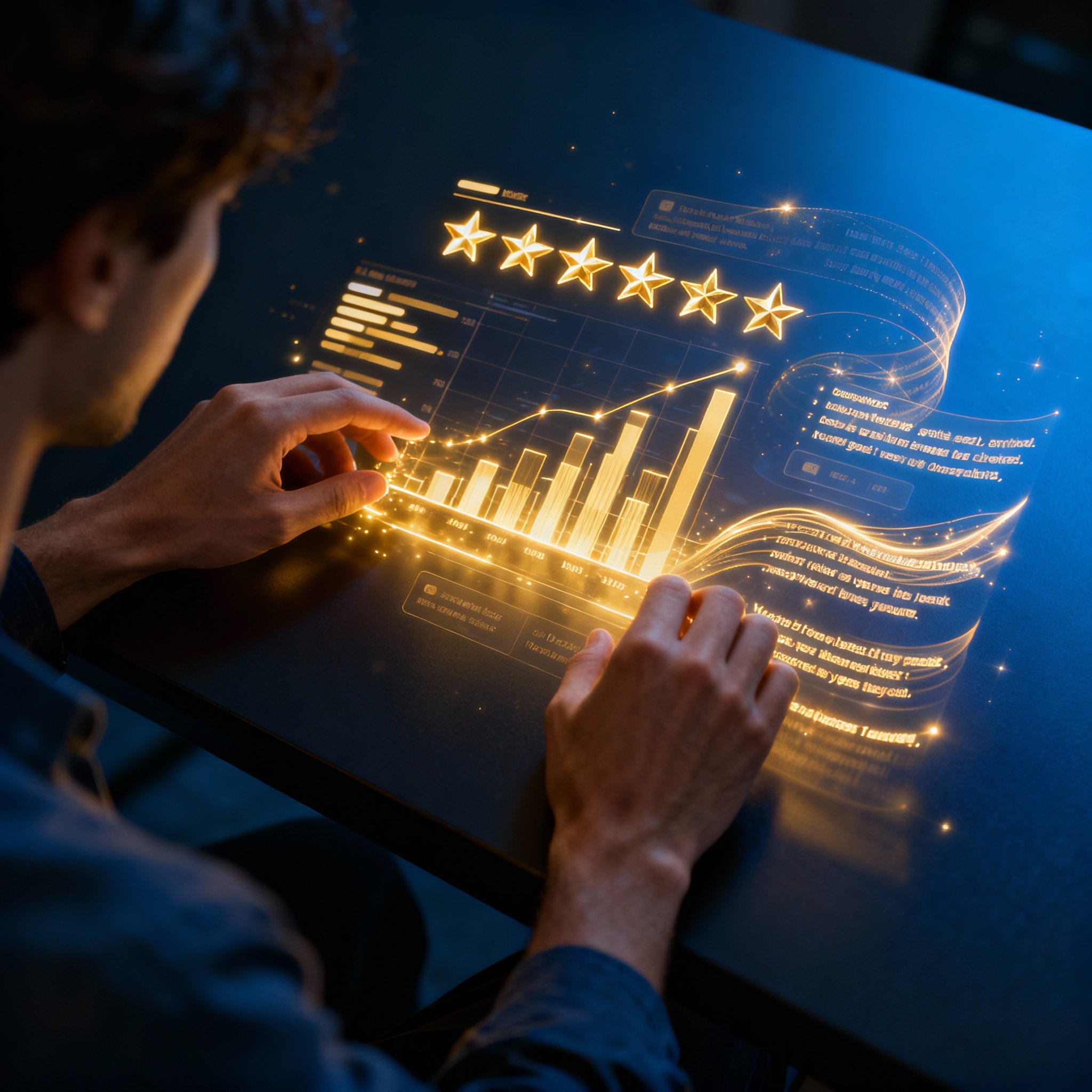 A conceptual image showing hands analyzing a holographic data stream of user reviews, star ratings, and charts, symbolizing deep insight from data.