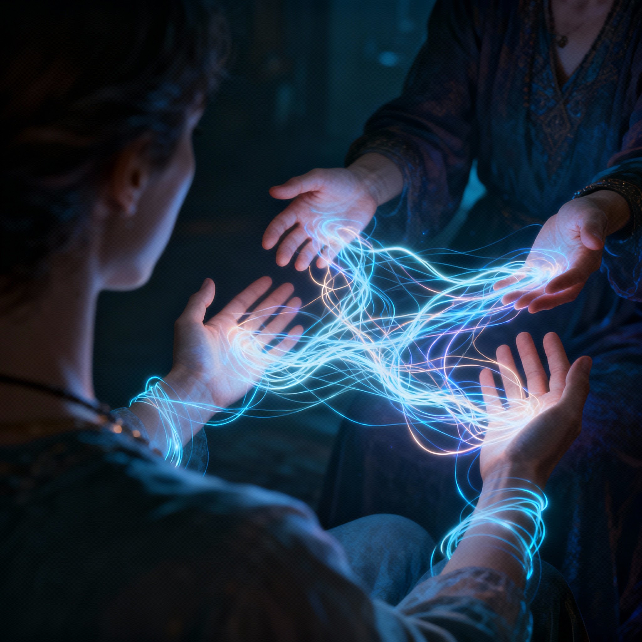 A conceptual illustration of psychic Milly's consultation process. Her hands hover over complex, glowing lines of energy representing a chaotic relationship, which she is untangling into a clear, understandable path, signifying a moment of clarity for the client.