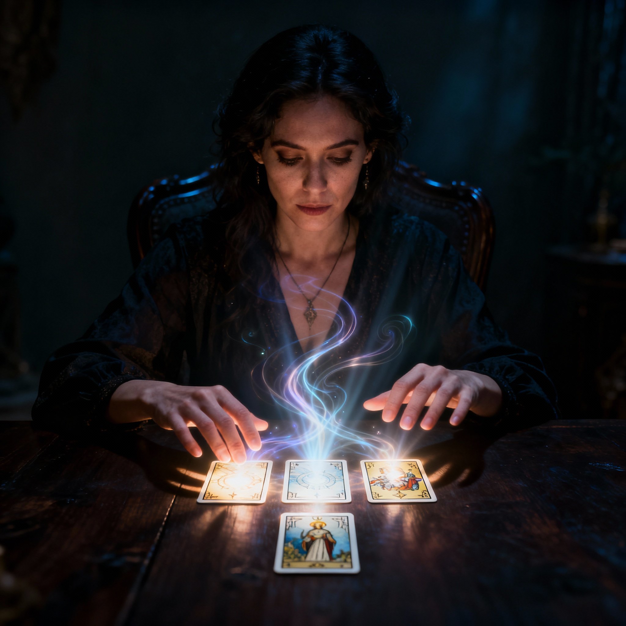 Psychic Zorah is in a consultation, focused intently on glowing tarot cards on a table. Abstract beams of energy flow from the cards, symbolizing her rapid and precise interpretation of information to provide deep insights for a client.