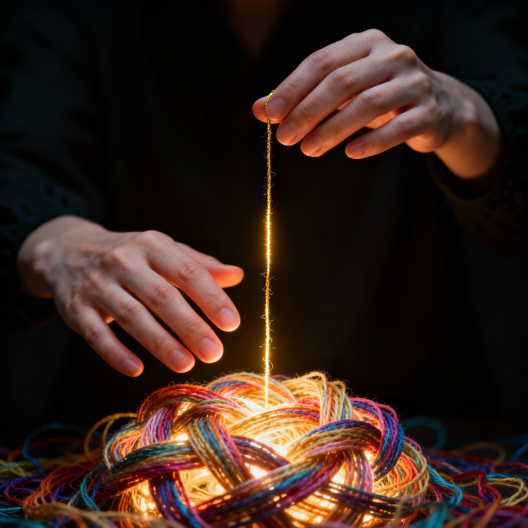 A conceptual image showing a psychic advisor's hand gently hovering over a tangled, glowing mass of light, which is gradually unraveling into a clear, bright path, symbolizing the process of bringing clarity to complex emotional situations.