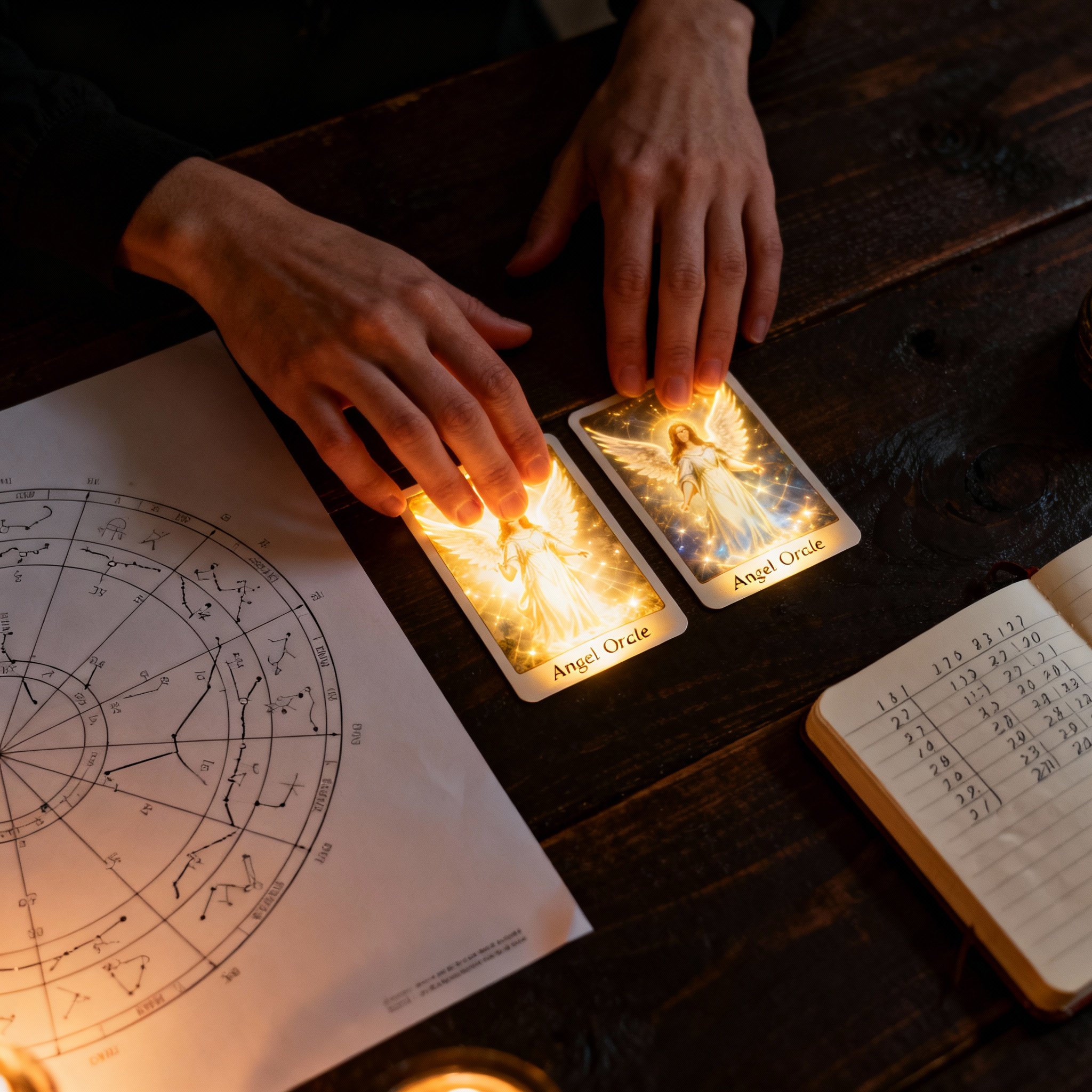 Glowing Angel Cards and an astrology chart are spread out on a table, as a pair of hands points to a connection between them, illustrating the professionalism and depth of a psychic reading.