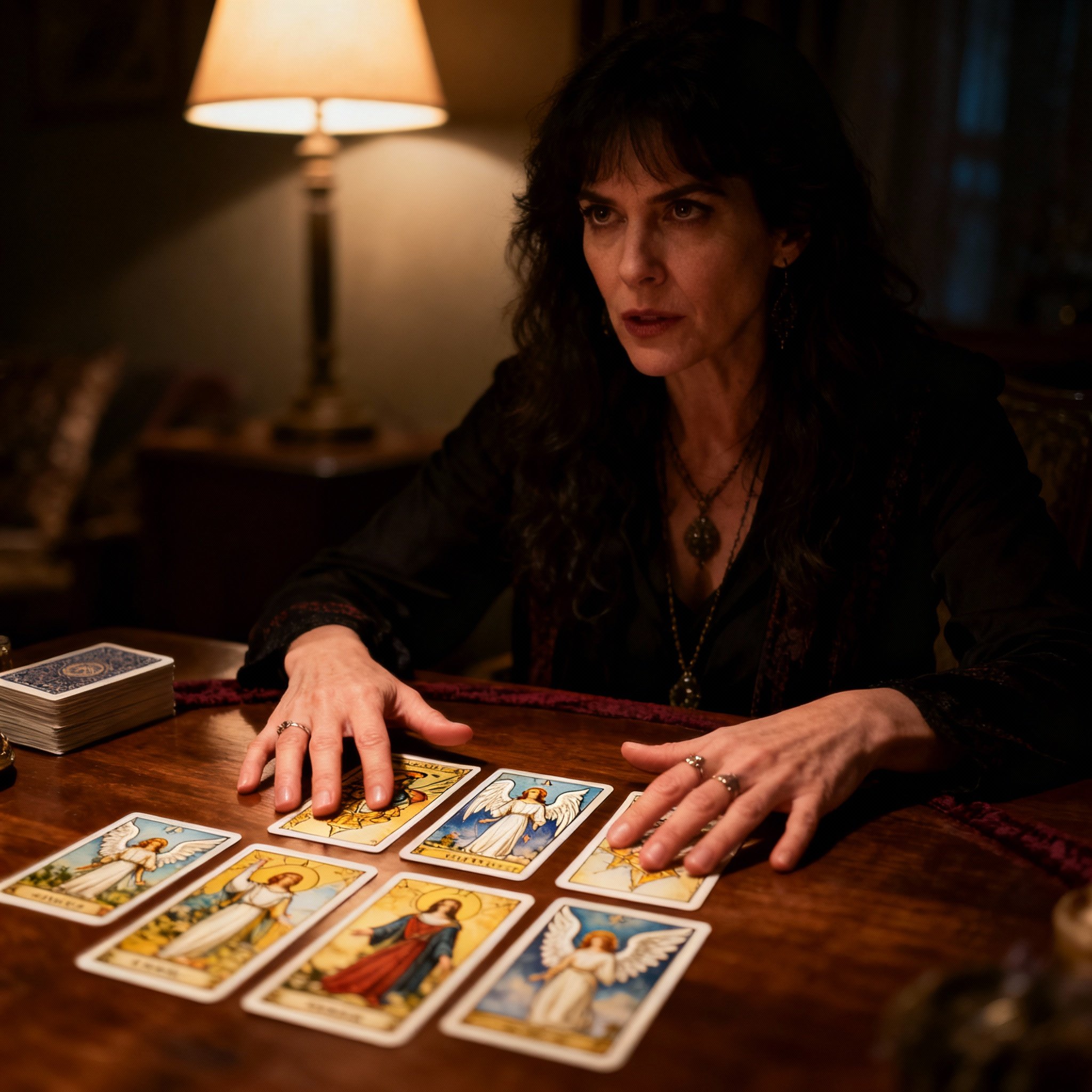 A psychic during a consultation, with tarot cards spread before her. Her gaze is focused into the distance with an intense expression, as if listening to a voice from the spirit world, visualizing her clairaudient ability.