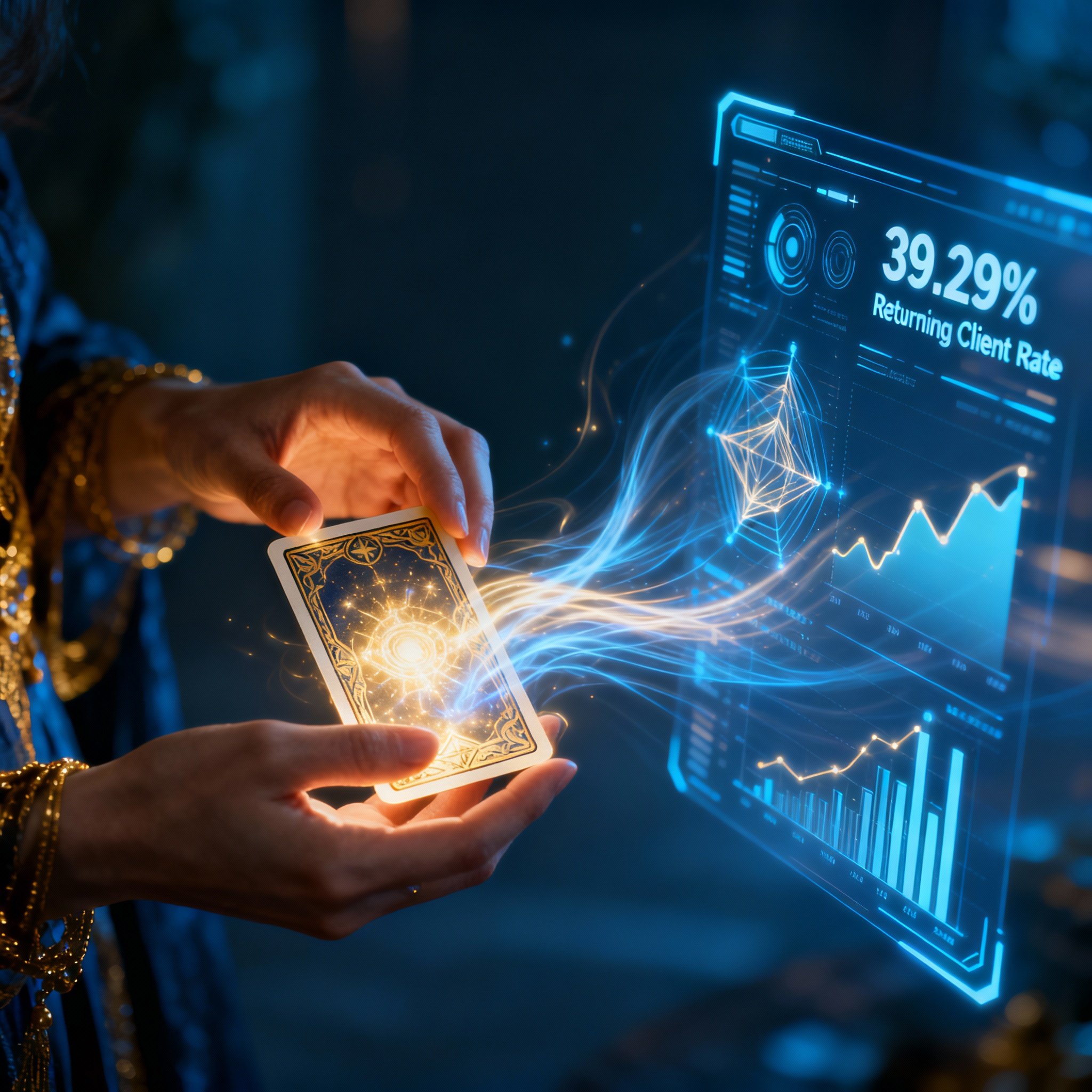 A psychic is interpreting a glowing angel card, next to floating abstract data charts representing user satisfaction and prediction accuracy, illustrating the fusion of intuitive insight and data analysis.