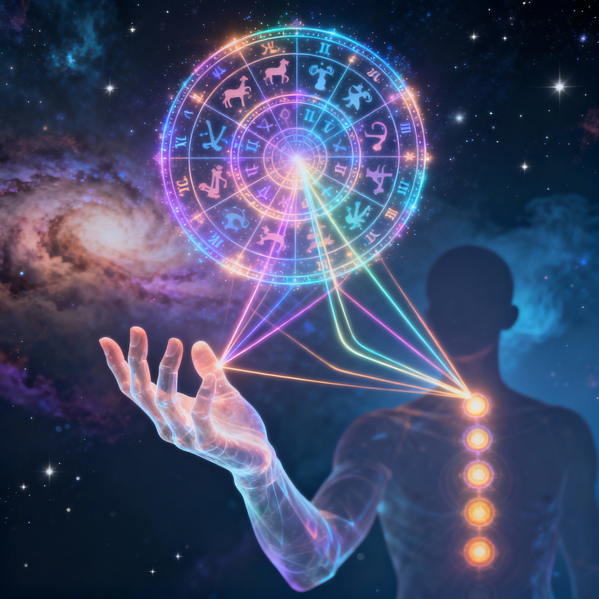 A symbolic image showing a psychic mentor interpreting a complex, glowing astrological chart, with lines of energy connecting to a client's chakra system, symbolizing emotional insight and energy reading.