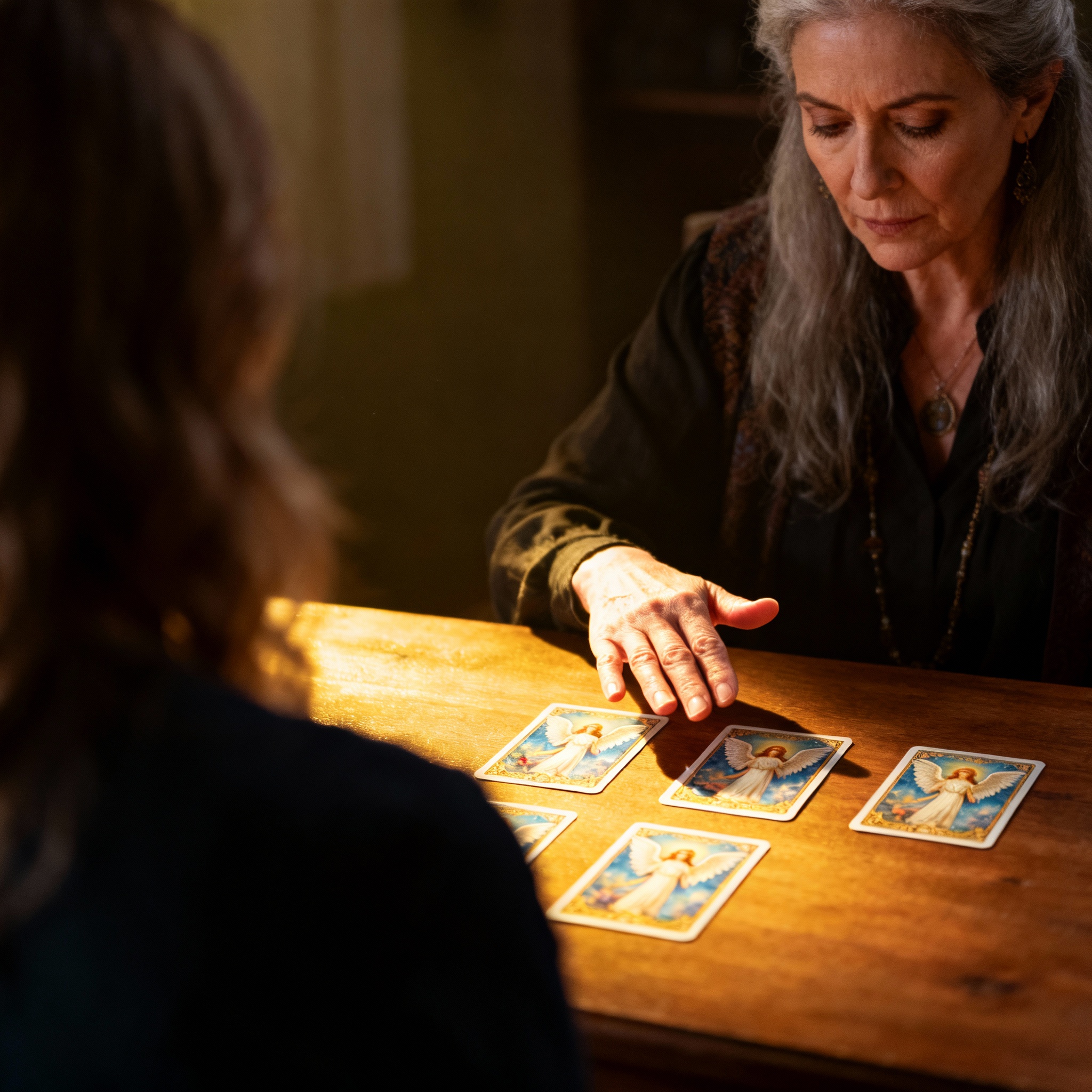 A psychic in a one-on-one consultation with a client. The psychic is focused, her hand gestures suggesting she is interpreting energy. A few angel cards are on the table, creating a scene of profound insight and interaction.