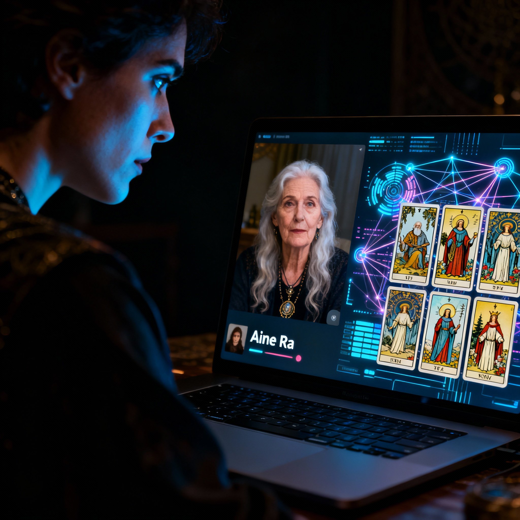 An over-the-shoulder view of a client focused on a laptop screen. The screen shows a video call with psychic Aine Ra, alongside glowing Tarot cards and abstract data visualizations, symbolizing the fusion of spirituality and data.