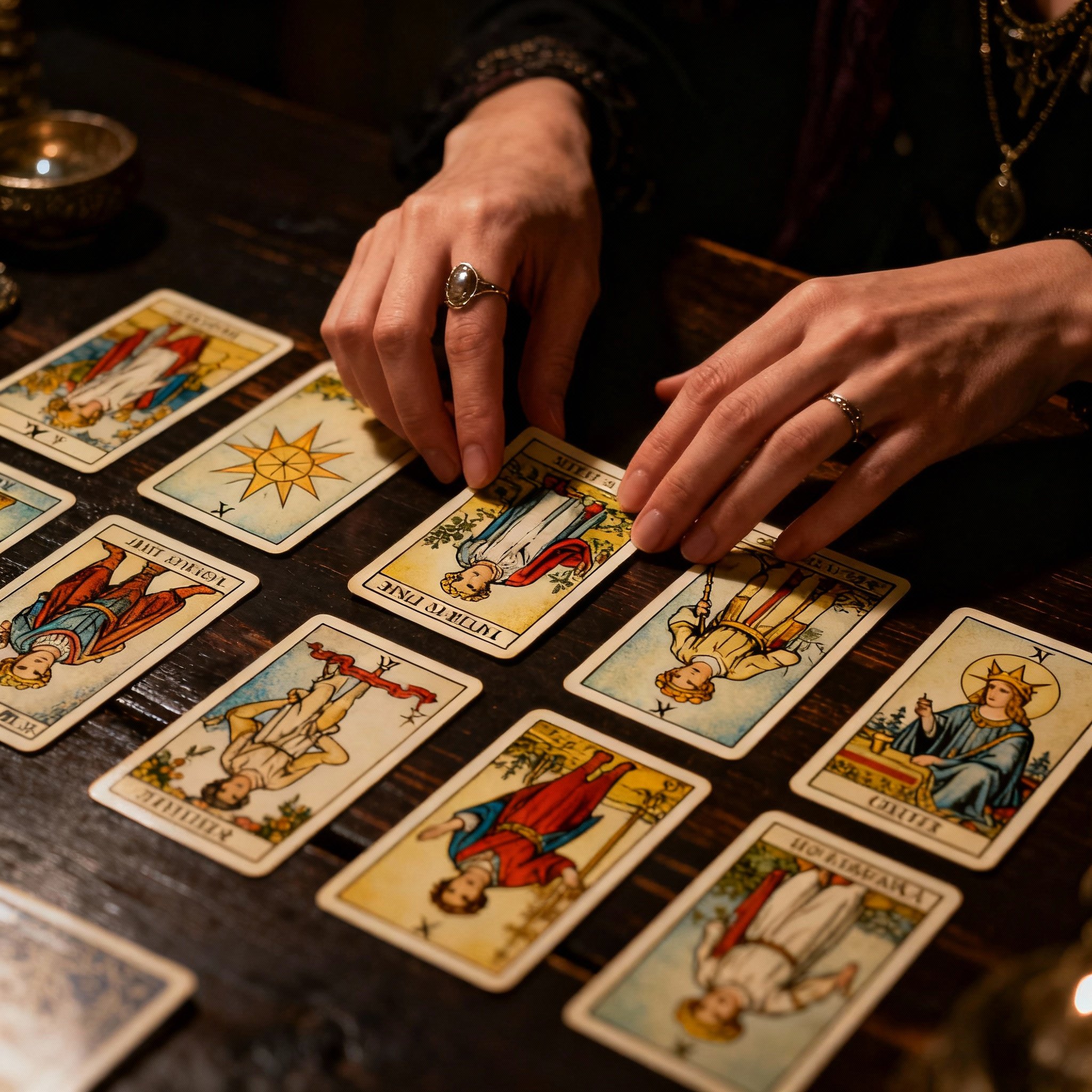 A close-up shot of hands gracefully laying out tarot cards on a wooden table. A soft beam of light focuses on the cards, revealing intricate details, symbolizing a psychic interpreting deep meaning during a consultation.