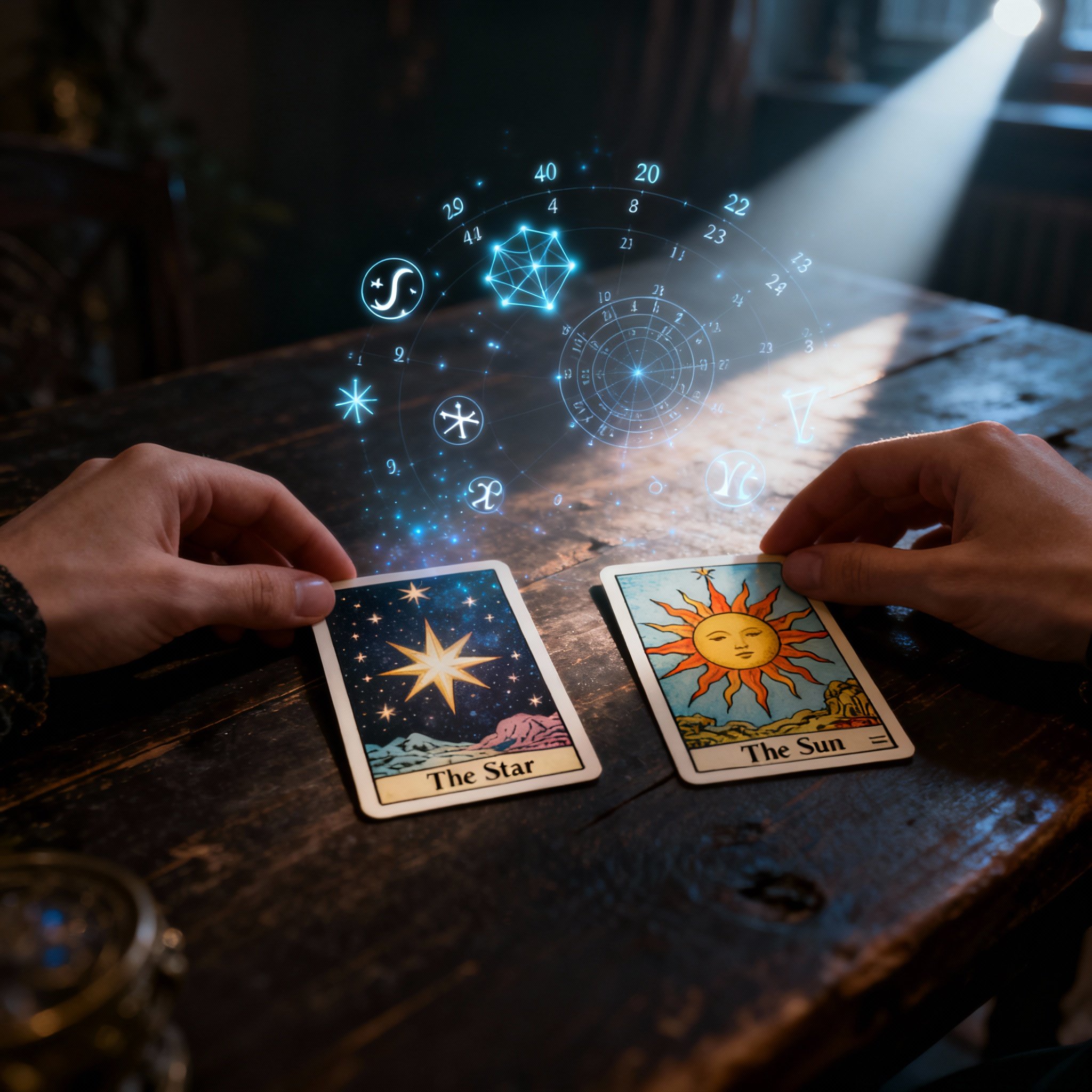 A pair of elegant hands laying out tarot cards on an ancient wooden table, with glowing astrological symbols and numerology charts floating in the background, symbolizing the process of gaining clarity from complex information.