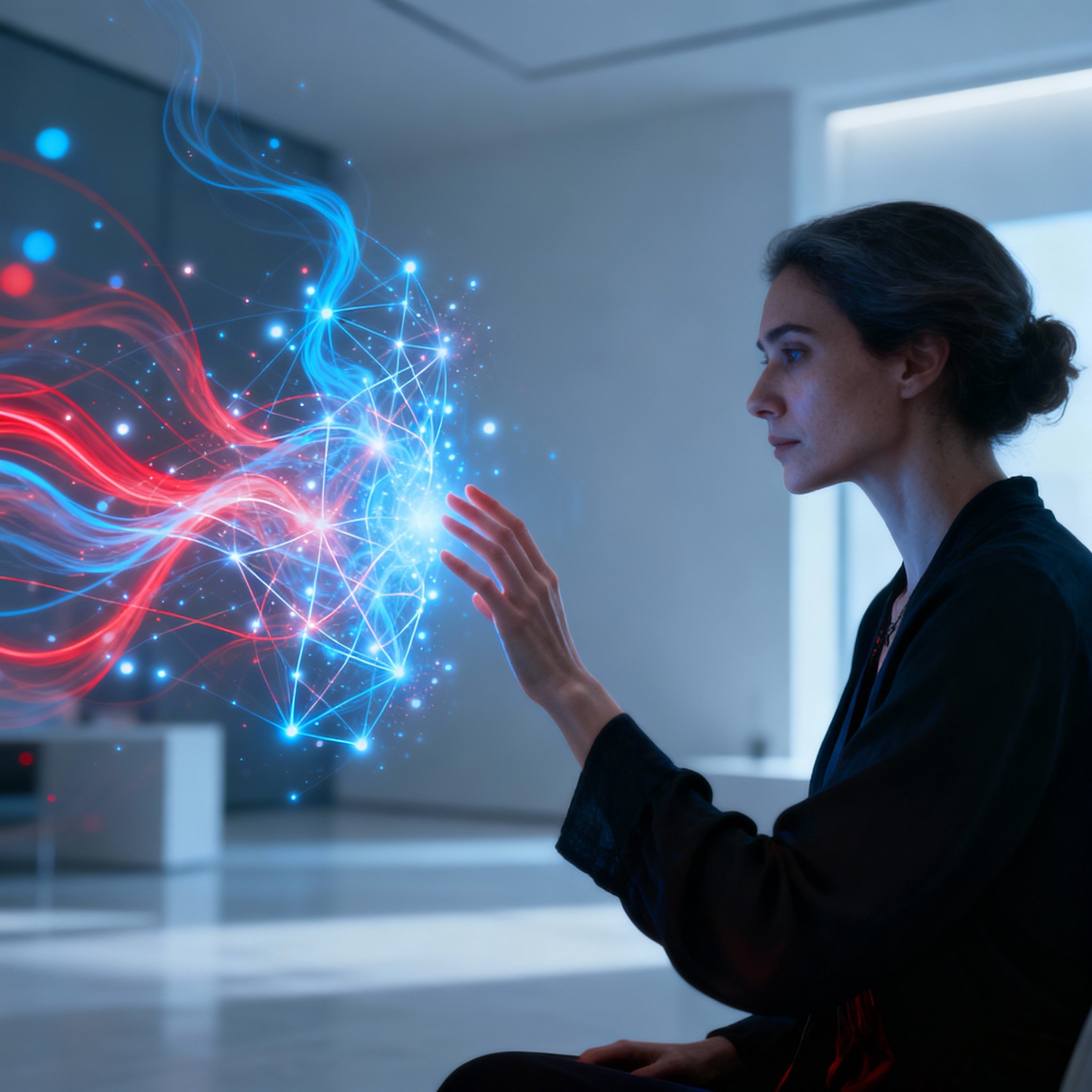 Psychic Flora conducting a consultation, with abstract streams of light and energy floating before her, representing a client's emotions and relationships, showcasing her intuitive ability to interpret complex feelings.