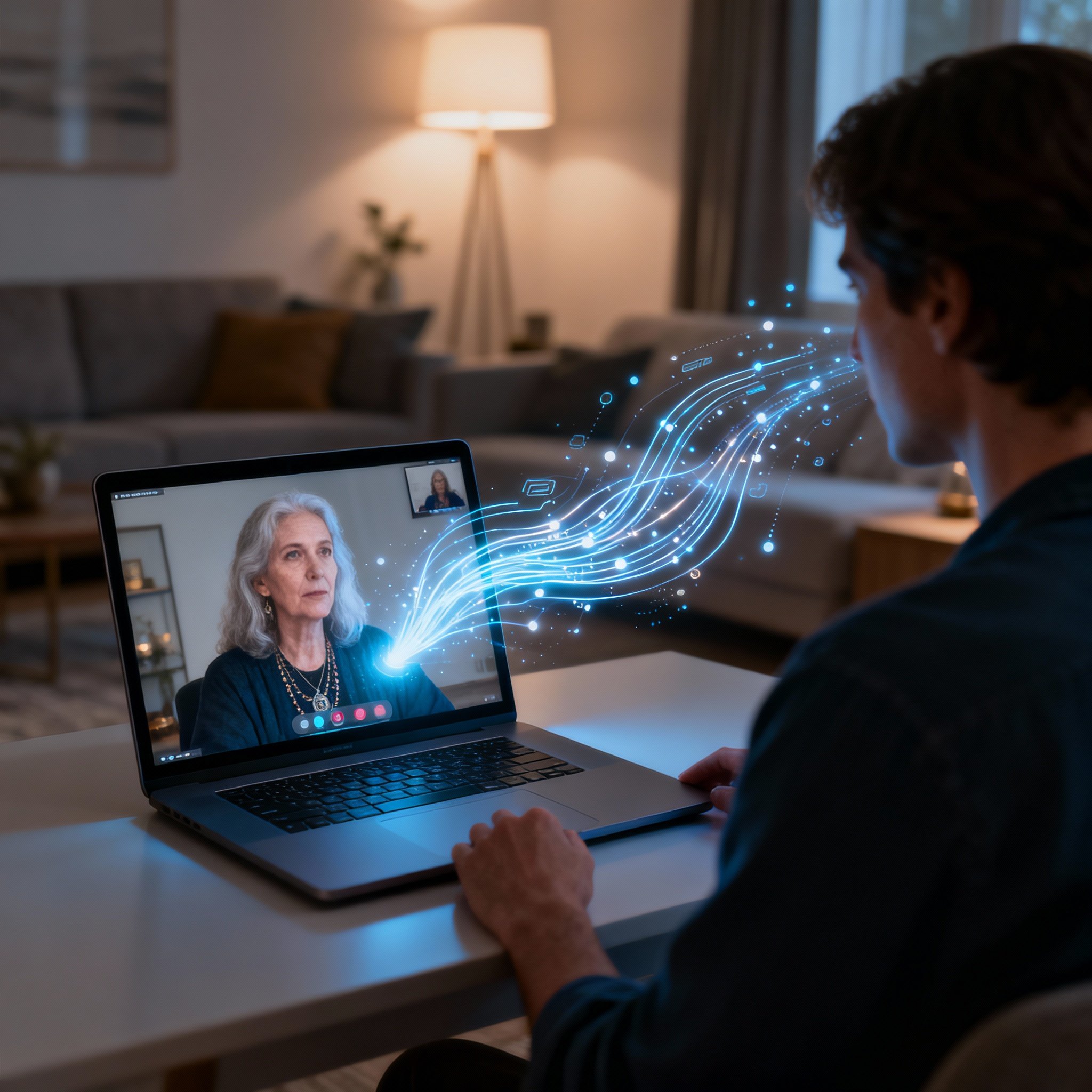 A consultation with a psychic on a video call, seen from the client's perspective, with abstract light patterns representing clarity and insight appearing on screen.