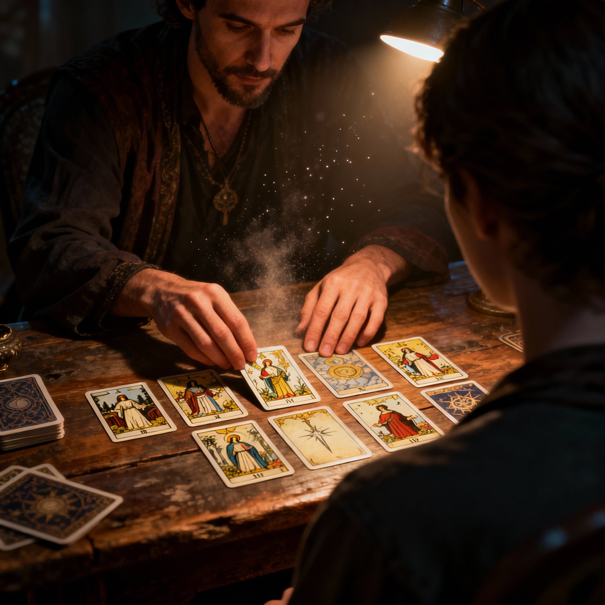An over-the-shoulder view of a client as psychic Andre Spirit interprets tarot cards on a wooden table. The light is focused on the cards and his hands, and his expression is focused and empathetic, creating an intimate and profound consultation.