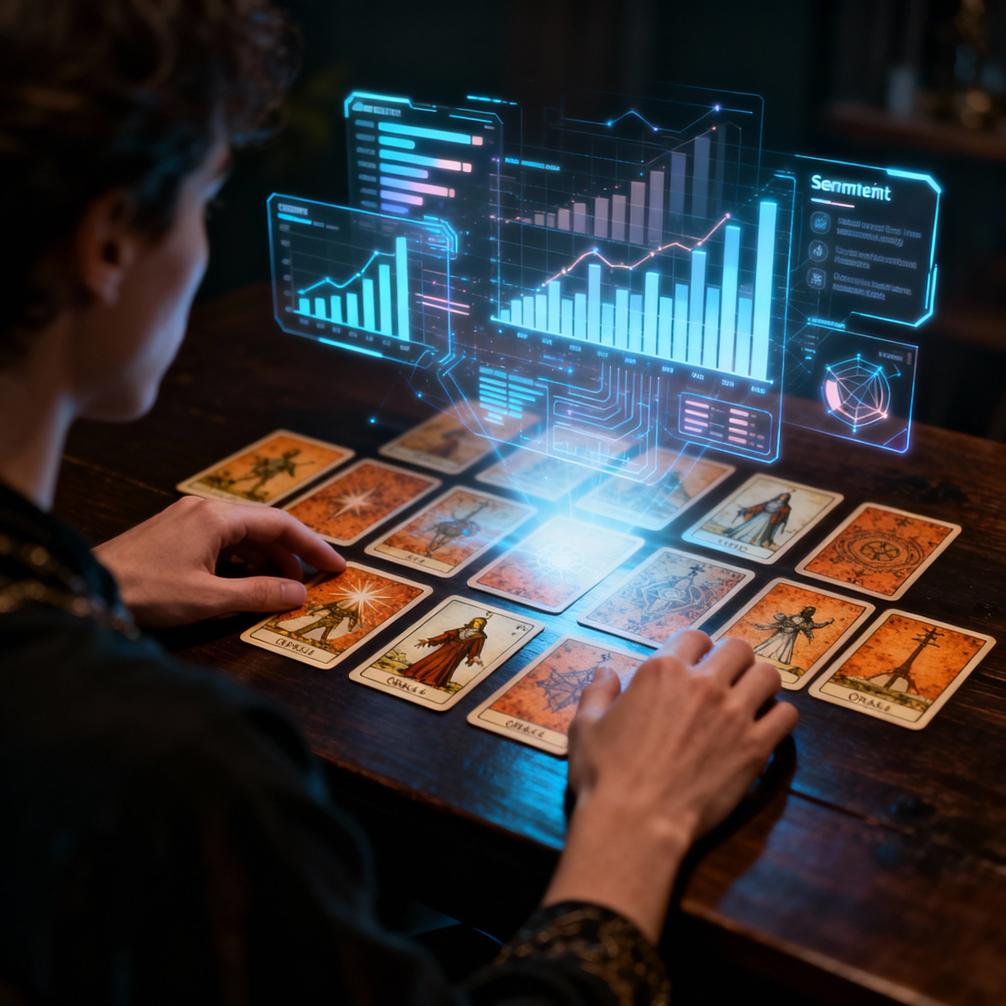 A conceptual image showing a pair of hands laying out Tarot cards on a table, while glowing data charts derived from user reviews float above them, symbolizing the combination of intuition and data analysis.
