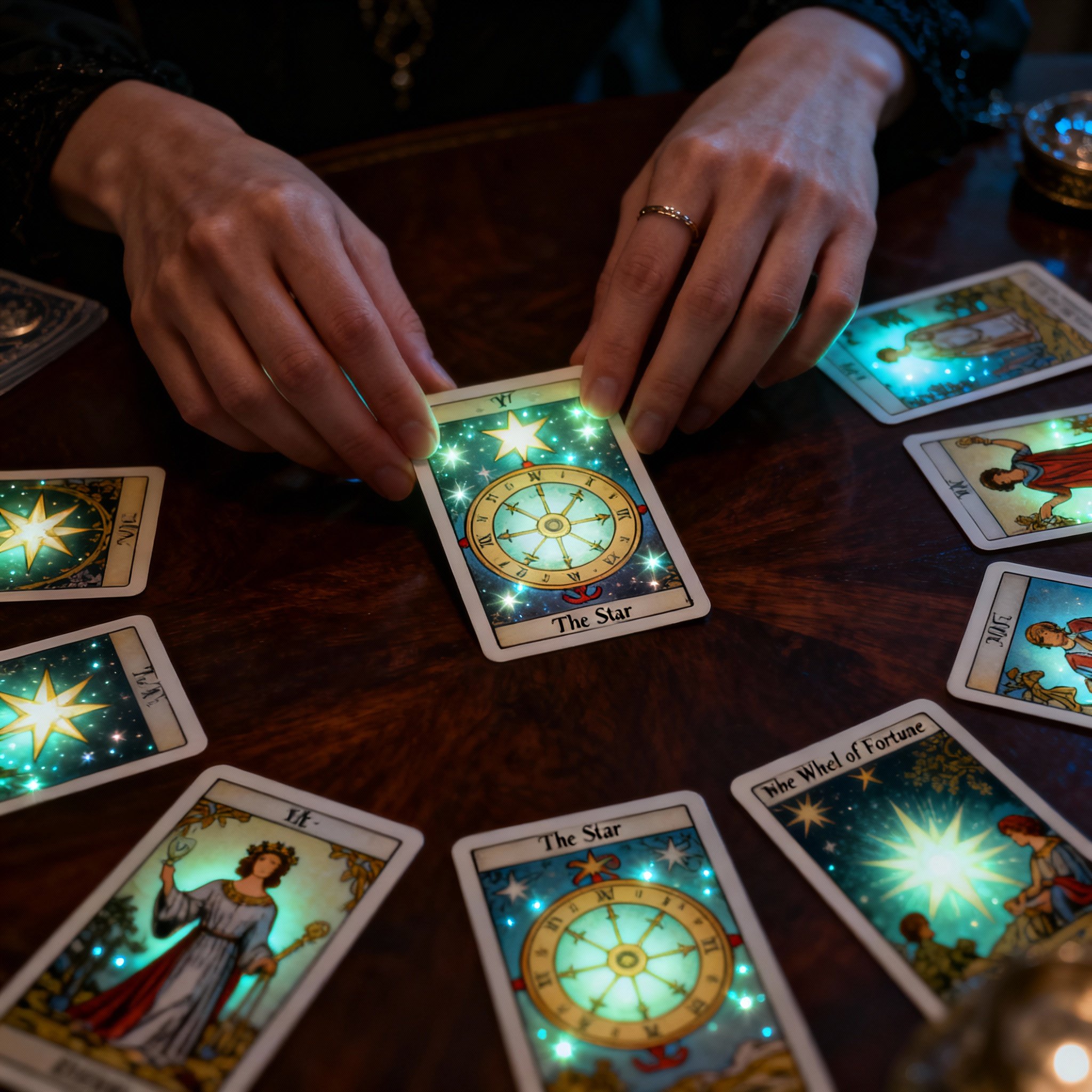 An image showing a consultation interaction. A pair of elegant hands lays out glowing Tarot cards on a dark wooden table. The light is focused on the cards, revealing symbolic imagery like stars and career paths, conveying a sense of clarity and revelation.
