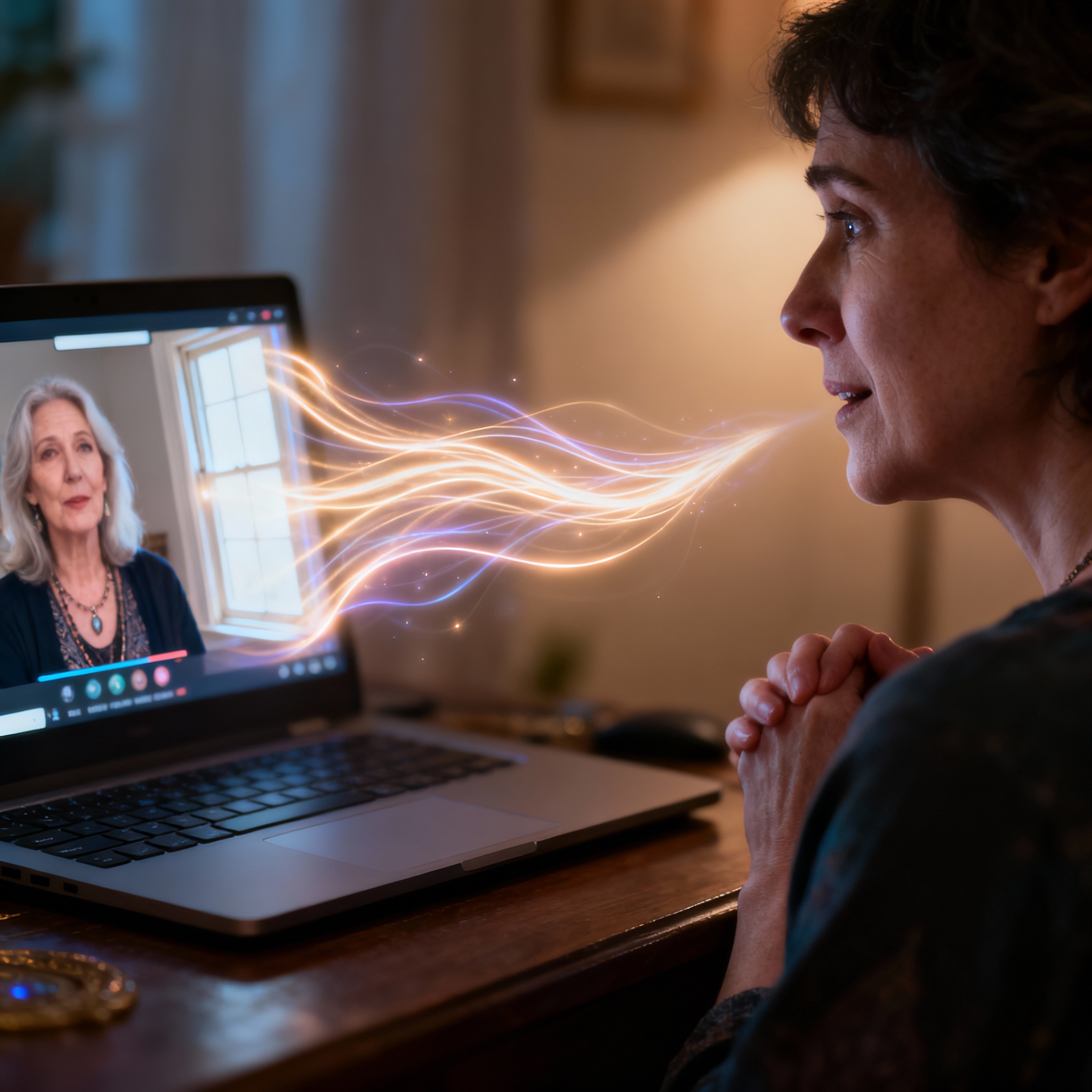 An over-the-shoulder view of a user having a video consultation with a psychic on a laptop. Soft light, representing 'insight' and 'energetic connection', flows from the psychic's image toward the user, whose face shows an expression of realization and relief.