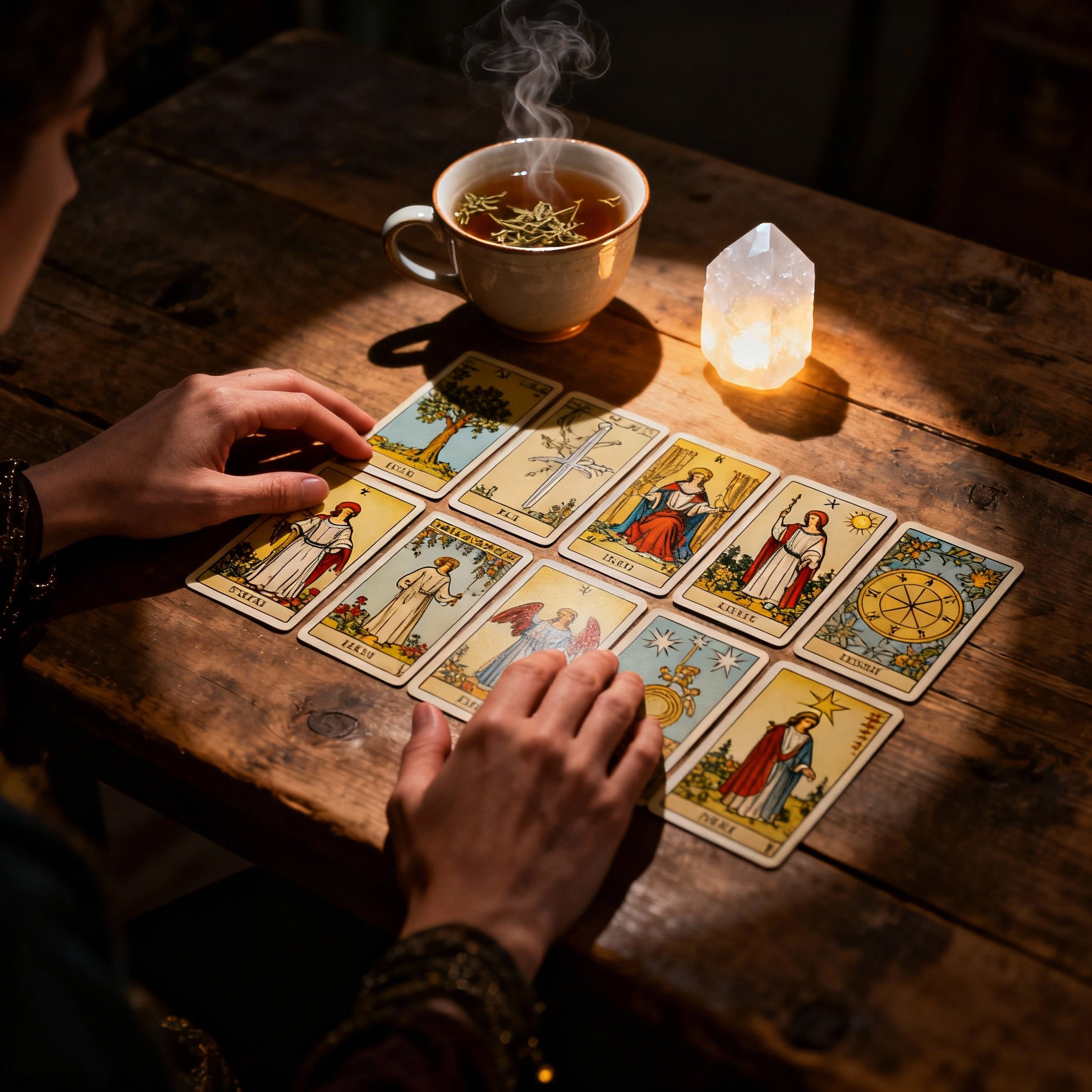 A point-of-view shot from a client's perspective, showing the psychic Gal's hands gracefully laying out beautifully illustrated Tarot cards on a wooden table. The light is focused on the cards, highlighting a moment of profound insight and representing the process of consultation and interaction.