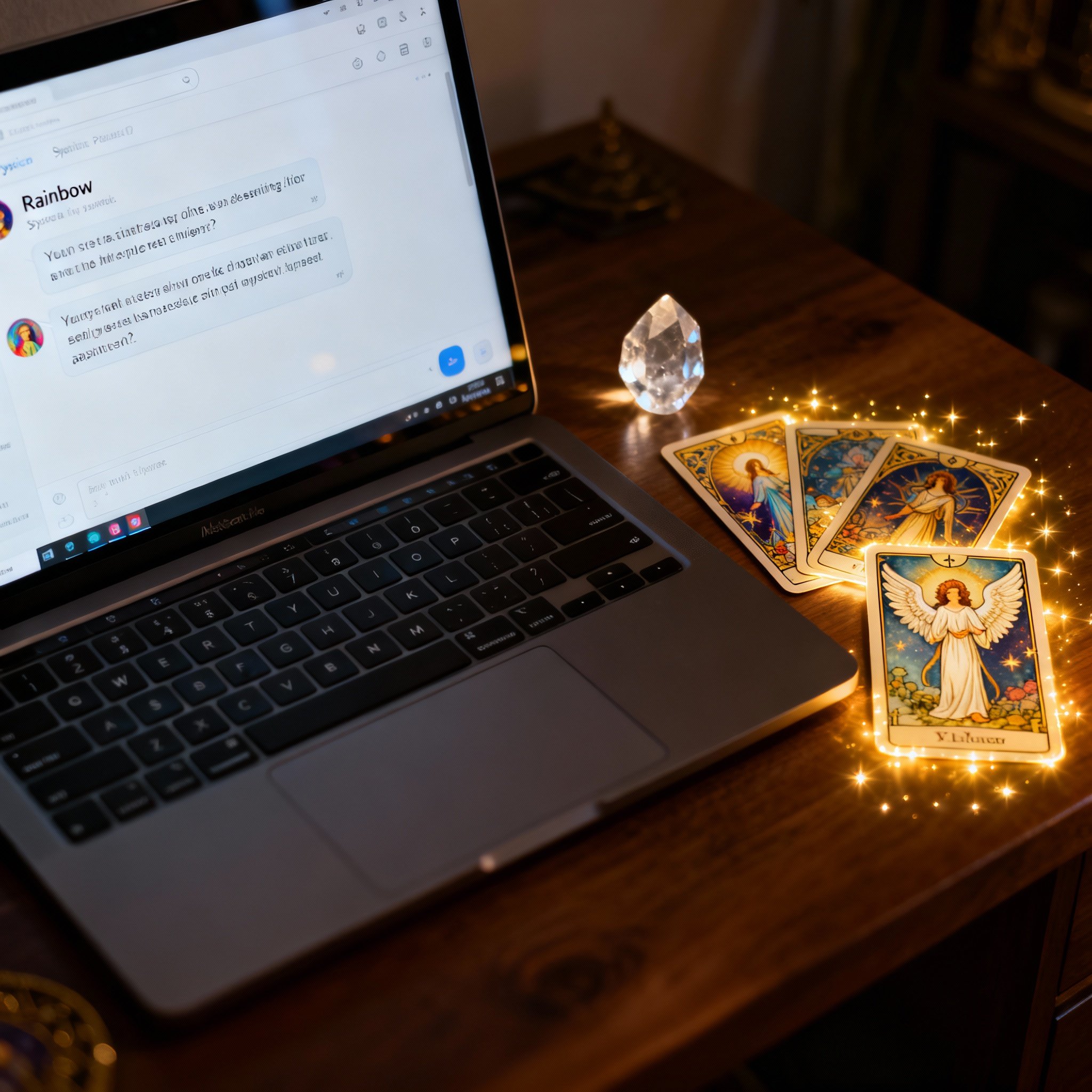 A view from the client's perspective: a laptop screen showing a chat interface with the psychic Rainbow, with glowing Tarot cards and a crystal placed next to it, illustrating a psychic consultation in the digital age.