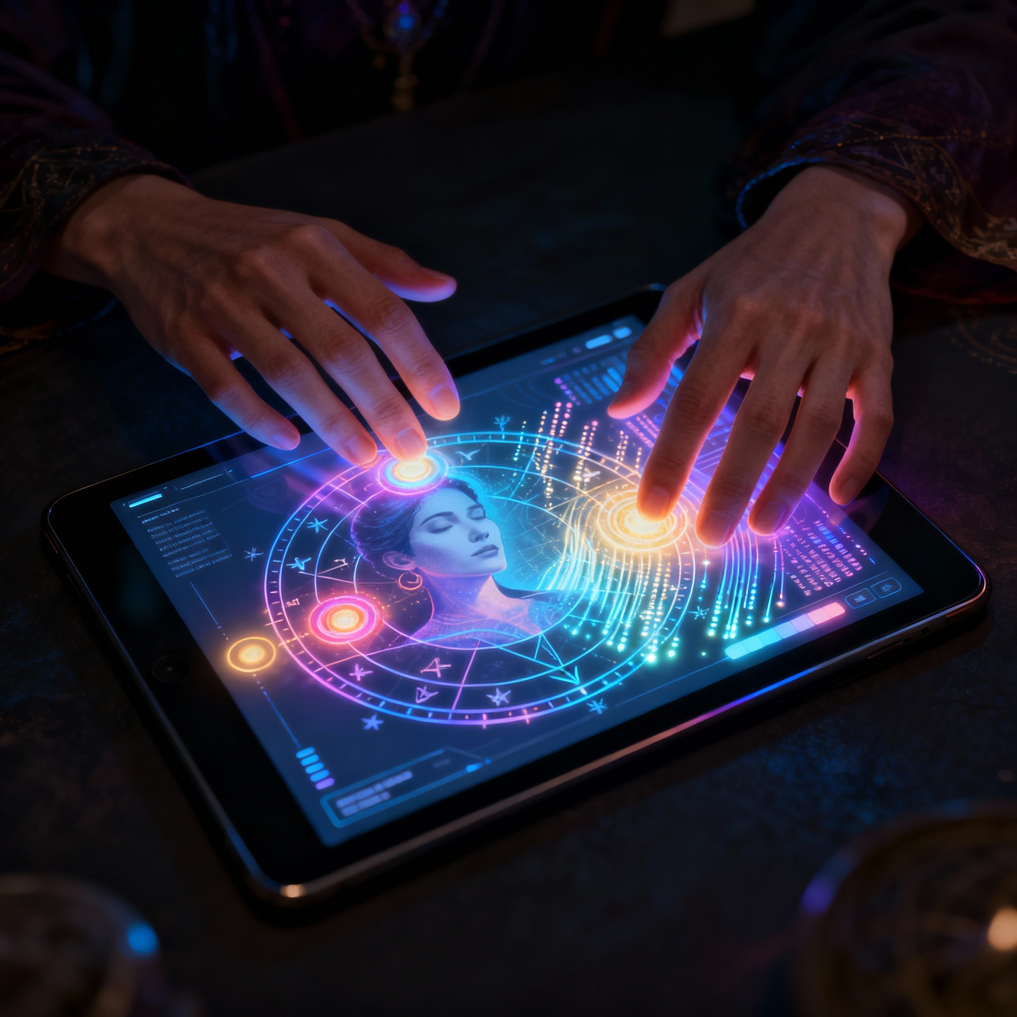 A conceptual image depicting a psychic analyzing user data and auras on a digital interface. The screen shows charts, astrological symbols, and lines representing emotional connections, symbolizing the process of blending objective data with intuitive insight.