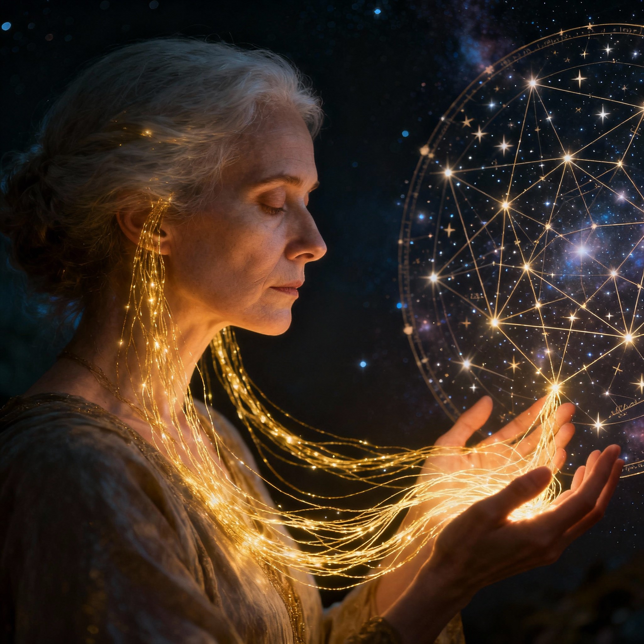 An abstract depiction of a psychic interacting with a client, connected by glowing lines of energy, symbolizing the interpretation of Akashic Records and deep soul insights.