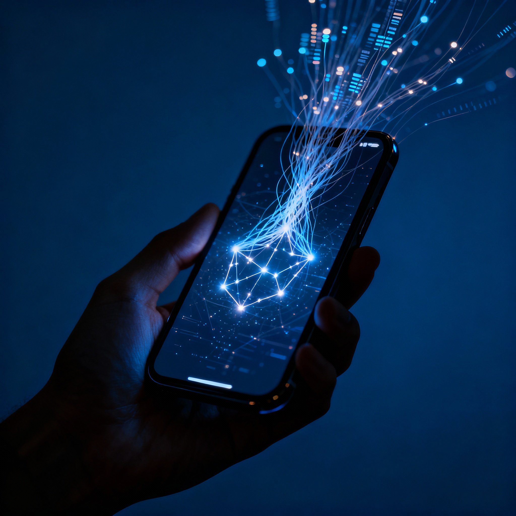 A conceptual art scene illustrating the formation of insight during a psychic reading. Countless glowing threads of energy and data points flow from a smartphone, weaving together in mid-air to form a clear, intricate nebula pattern, symbolizing chaotic information being turned into clear insight.