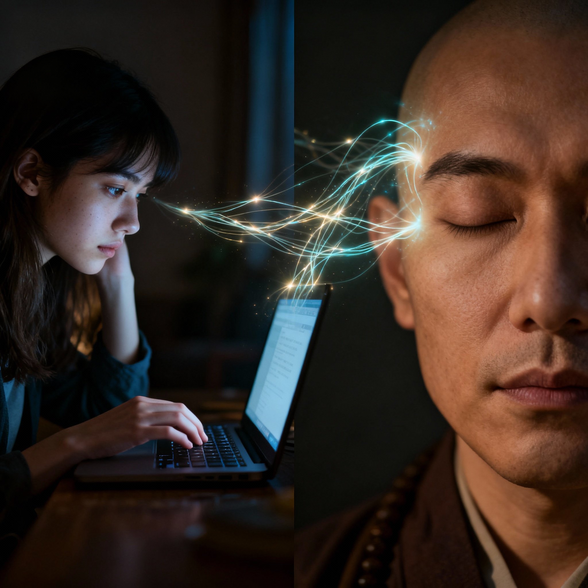 A split-screen composition illustrating a psychic consultation. On the left, an anxious woman types at her laptop. On the right, the psychic master meditates with eyes closed. A glowing line of energy connects them, symbolizing a deep, intuitive connection that transcends text.