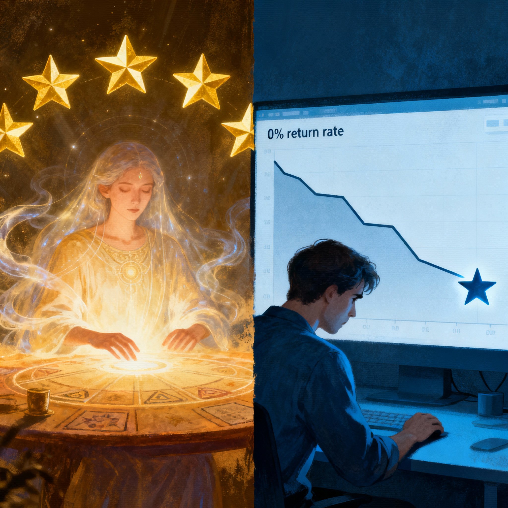 A split-screen image, one side showing a glowing 5-star user review with warm light, the other side showing a cold, stark data chart and a 1-star rating. In the middle, a person studies these conflicting pieces of information.
