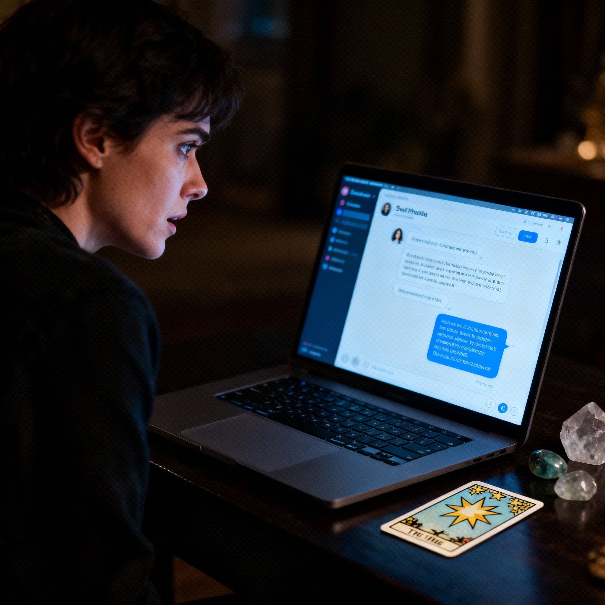 Over-the-shoulder view of a client having an online chat consultation with a psychic on their laptop. The screen's glow illuminates their focused face, with tarot cards and crystals on the desk symbolizing the insight gained.