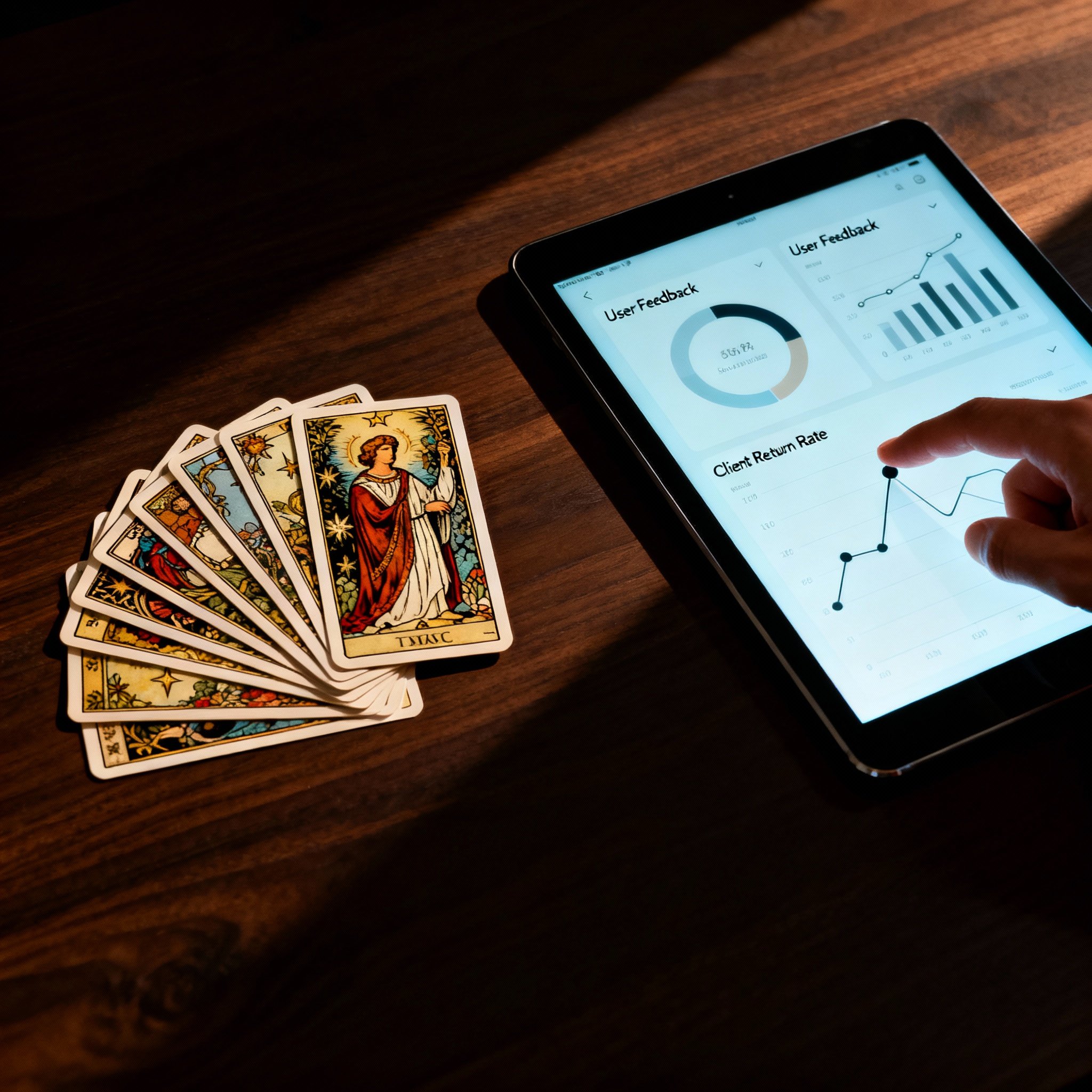 A desk with tarot cards laid out next to a tablet displaying user review data charts, symbolizing the analytical approach to interpreting the psychic service's insights.