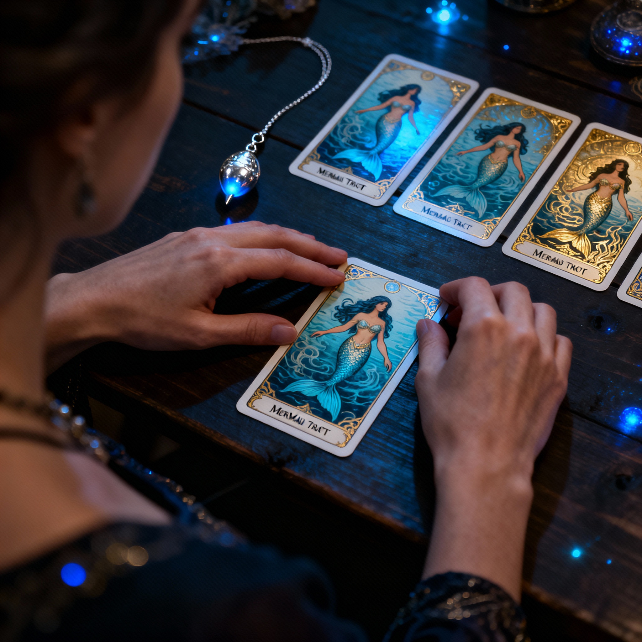An over-the-shoulder view of a psychic's hands laying out beautifully illustrated Mermaid-themed Tarot cards on a wooden table. The cards emit a subtle glow, symbolizing clarity and insight.
