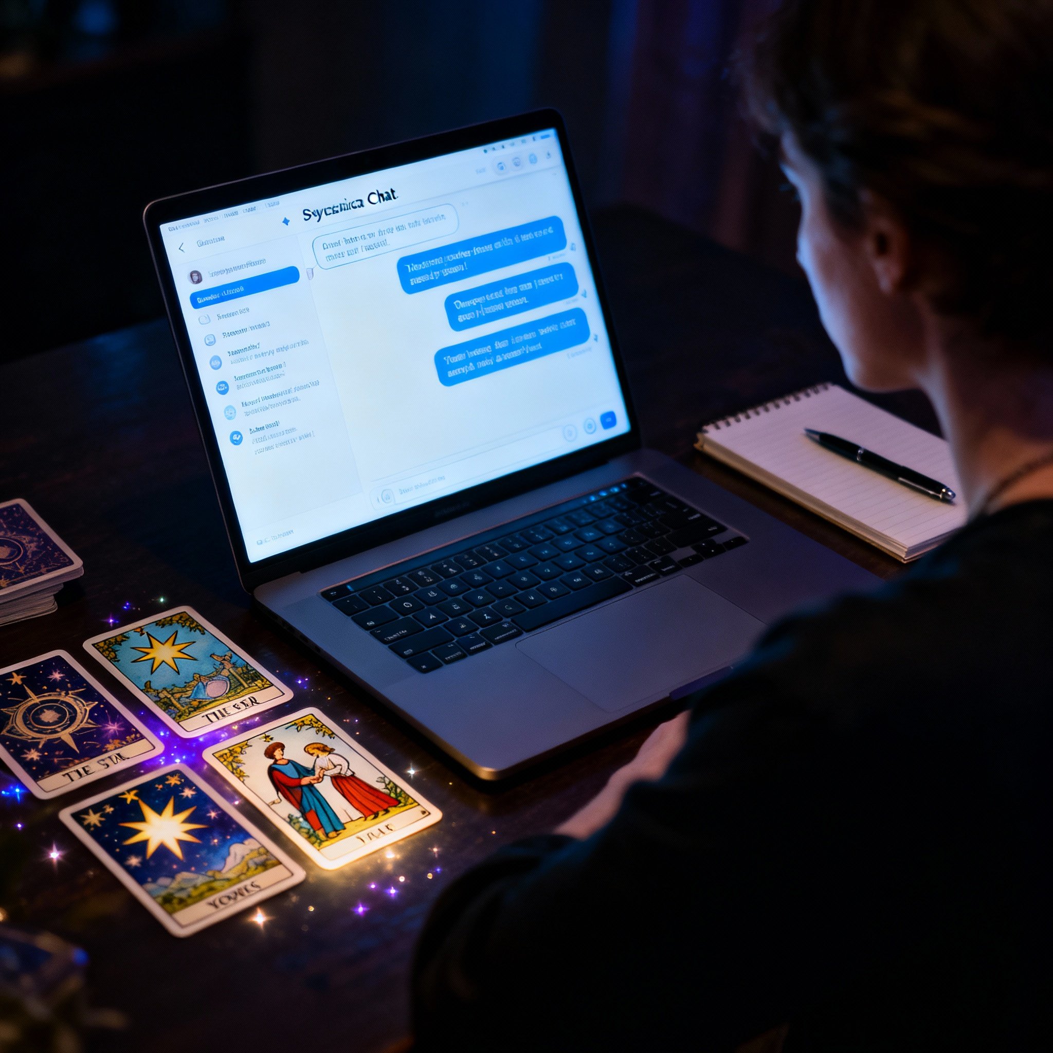 An over-the-shoulder shot of a user, with the focus on a laptop screen displaying a chat interface with a psychic. Beside the screen, several glowing tarot cards lie on the desk, symbolizing the deep insights gained through the digital interaction.
