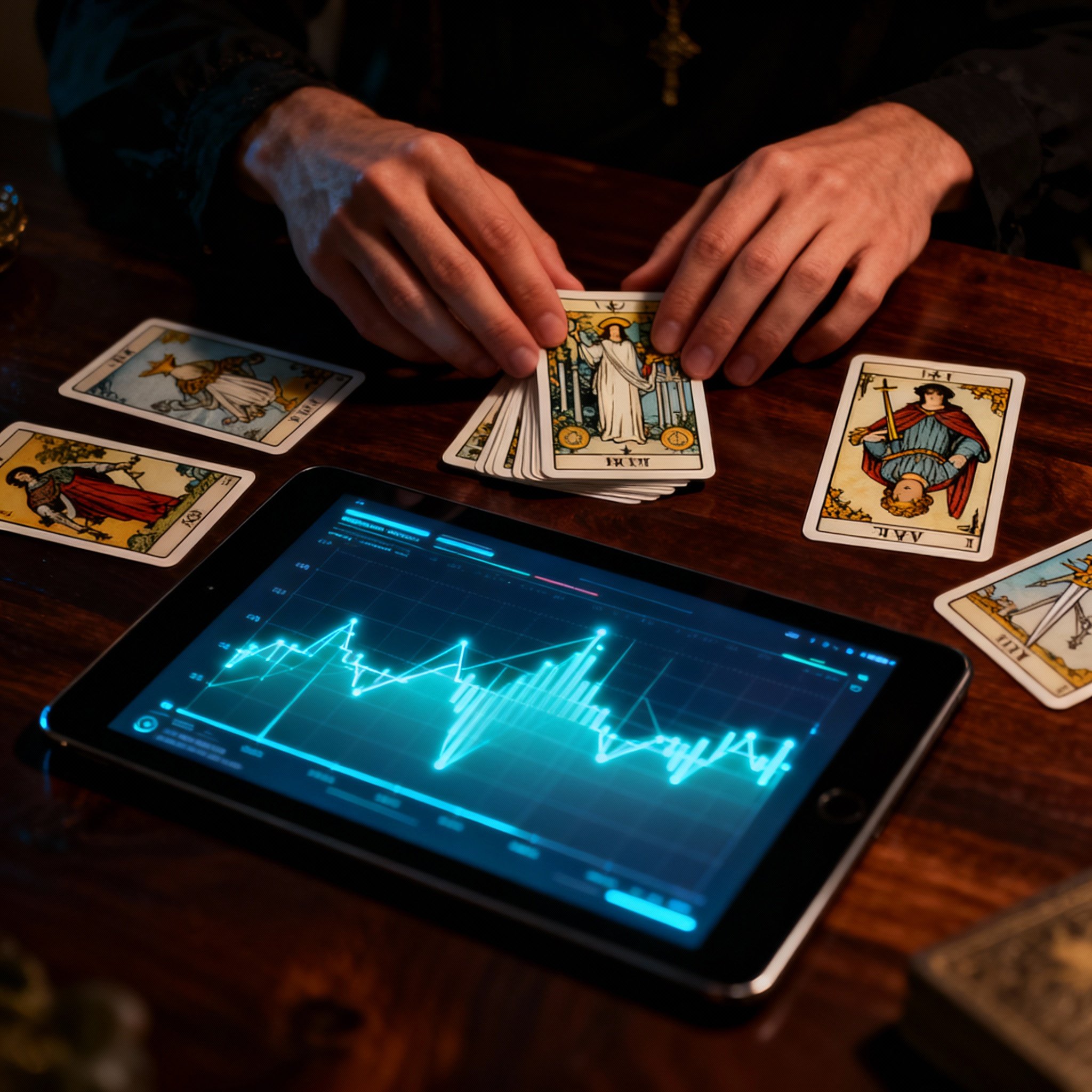 An overhead view of a psychic's reading process. Tarot cards are laid out on a table next to a tablet displaying a data chart, symbolizing the combination of intuitive insight and modern technological analysis.