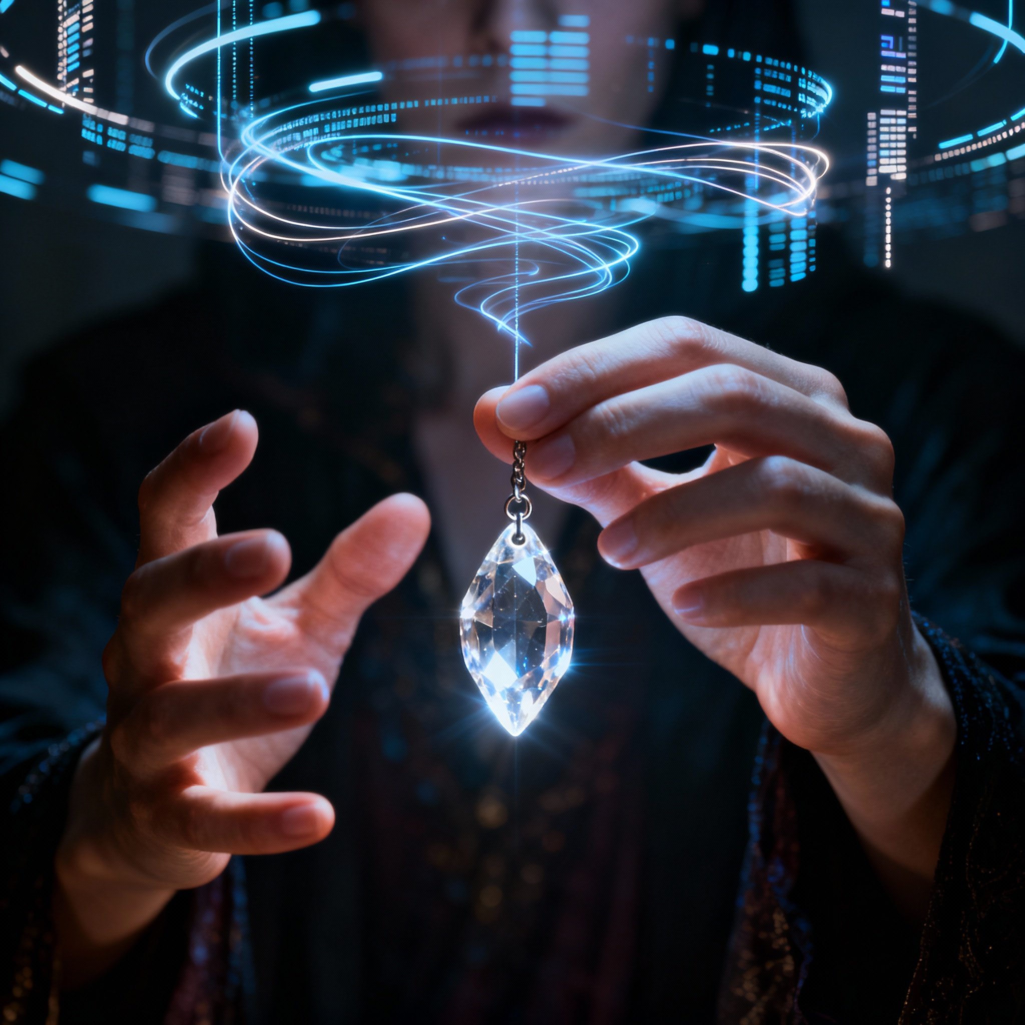 A close-up shot of a psychic's hands using a crystal pendulum for dowsing. Above the pendulum, abstract, glowing lines of energy and data streams float, symbolizing deep insight into a complex situation.