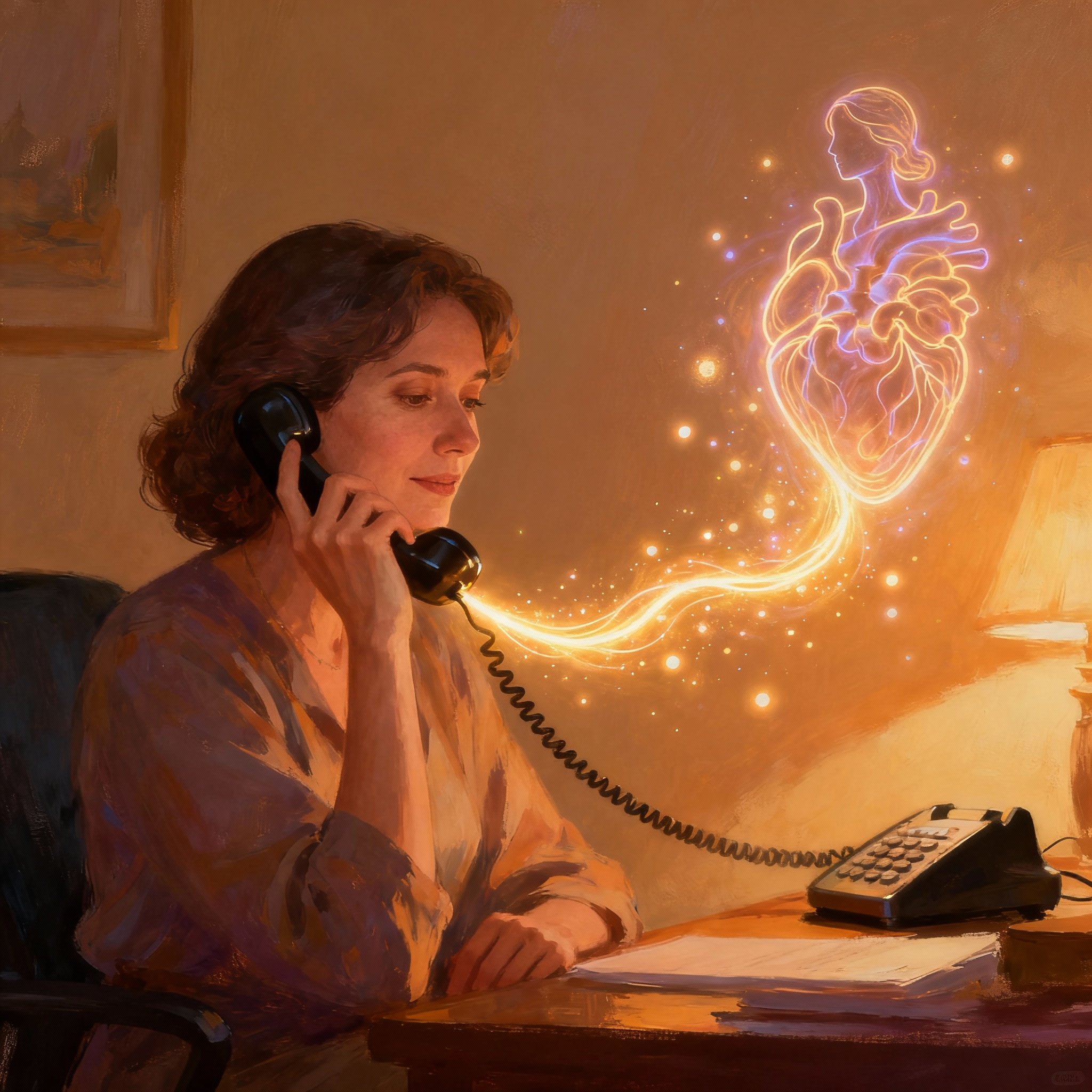A conceptual illustration showing a psychic advisor communicating with a client over the phone, with a glowing line of energy connecting them, symbolizing intuitive insight and emotional resonance.