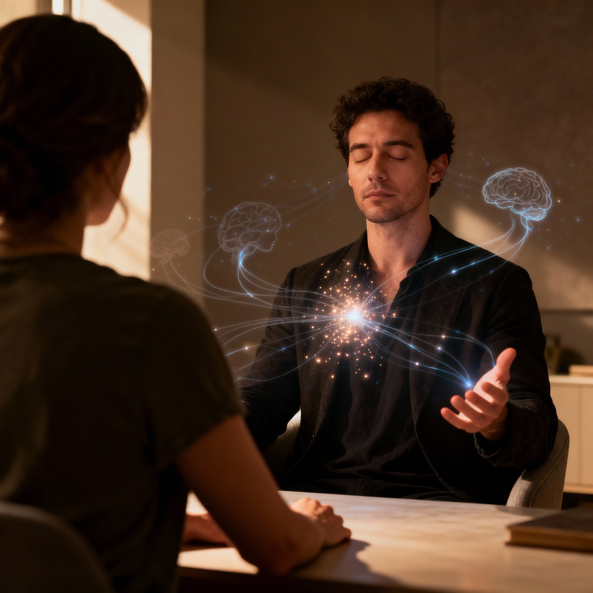 A consultation scene where the psychic focuses on reading the client's energy, with his eyes closed and surrounded by soft light symbolizing information being channeled, while the client appears contemplative.