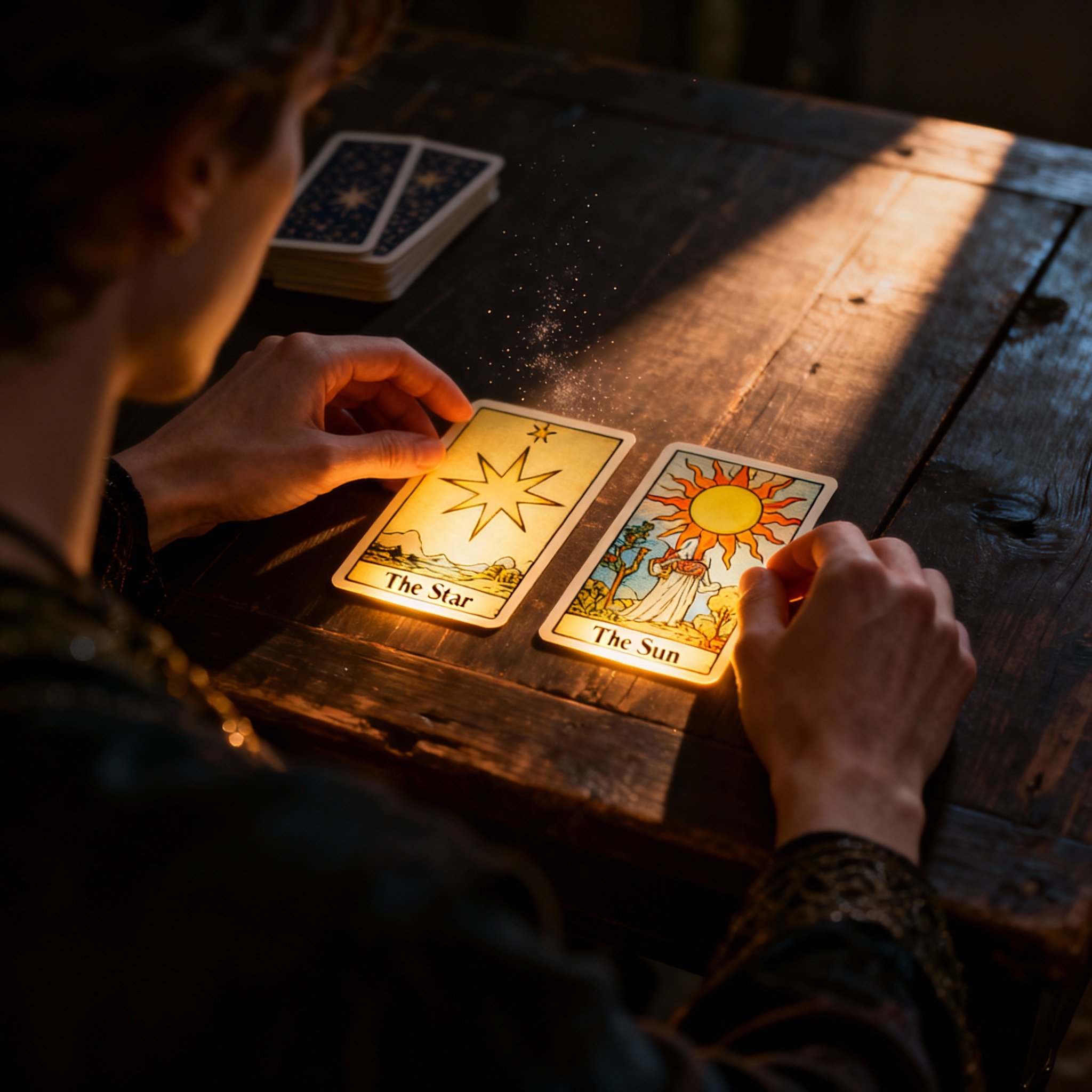 A close-up shot of hands laying out a spread of Tarot cards on a wooden table. Light is focused on the cards, revealing intricate symbols and imagery, symbolizing the profound insight and clarity gained from a reading. The atmosphere is one of focus and revelation.