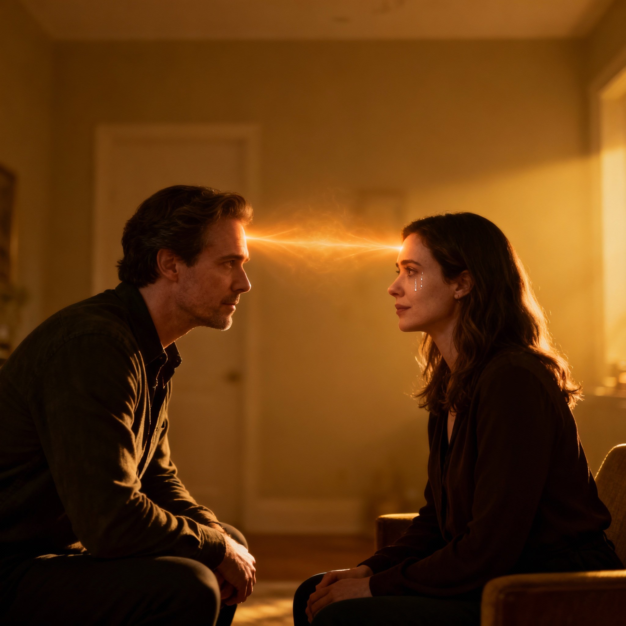 A scene of a psychic consultant in a deep session with a client. The client's expression shifts to one of clarity and relief, with subtle light flowing between them, symbolizing an intuitive connection and emotional healing.