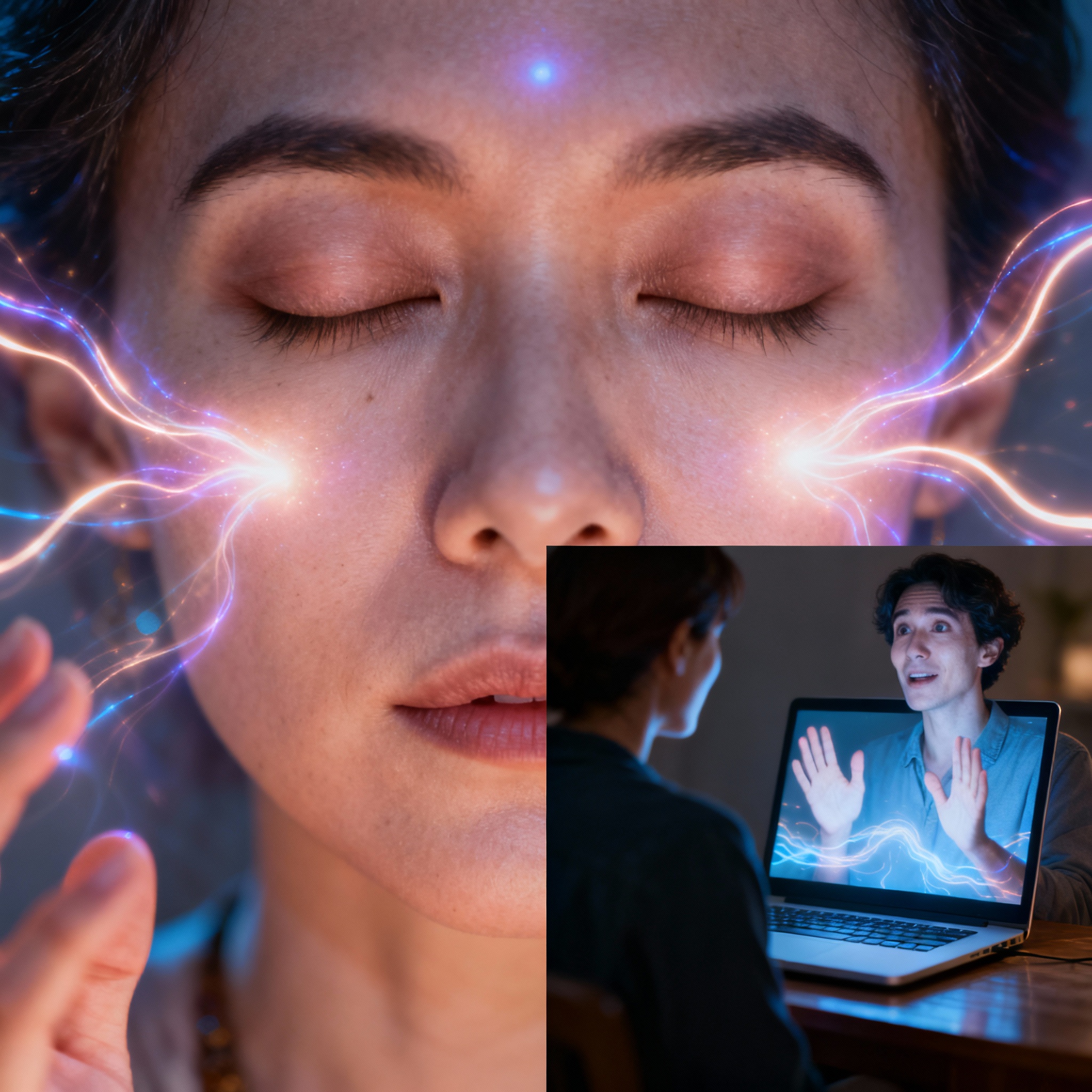 An illustration depicting psychic Ariadne during an online consultation. She has her eyes closed, focused on perceiving the client's energy without any tools like tarot cards. The client, on the other side of the screen, shows an expression shifting from confusion to epiphany.