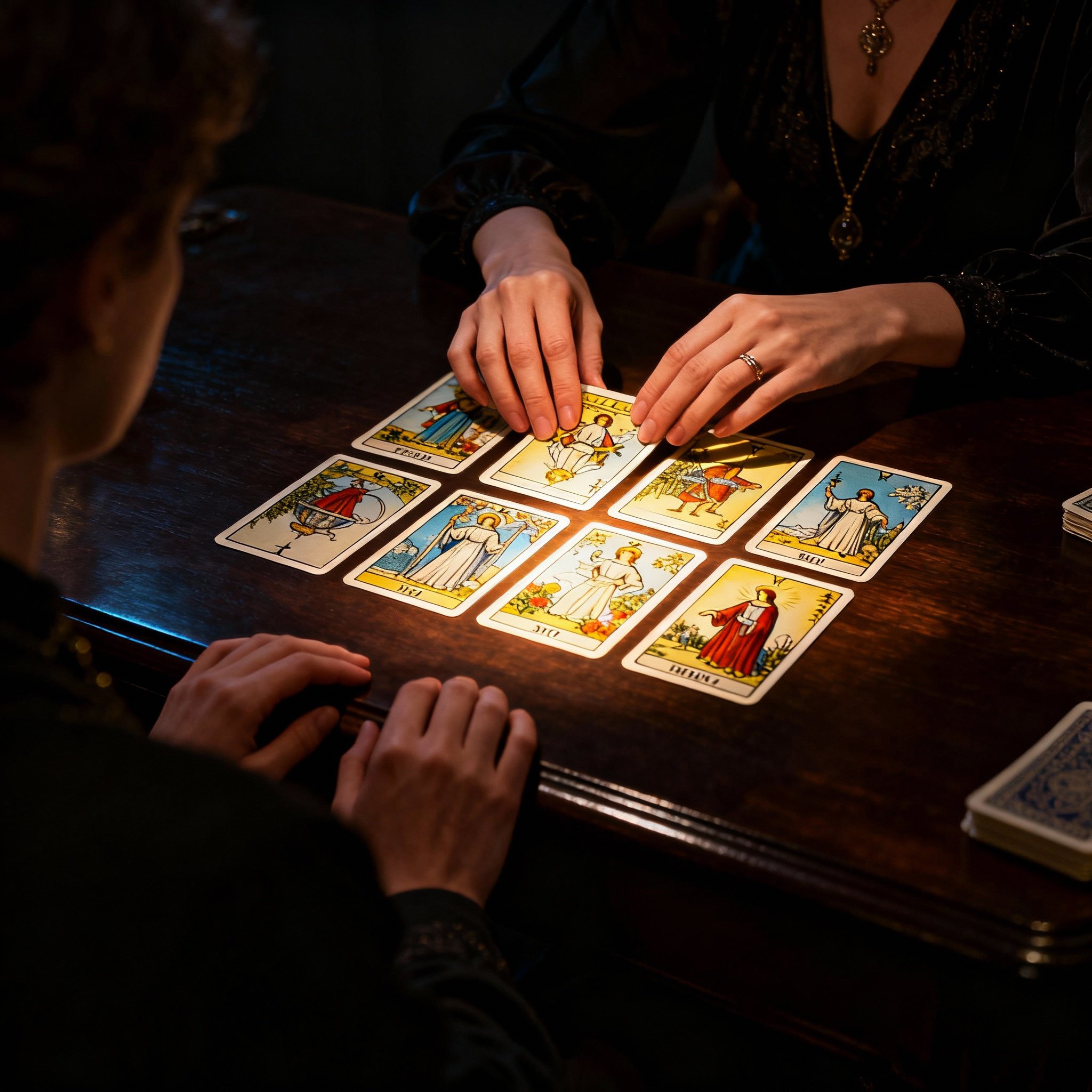 An over-the-shoulder view of a client watching as the psychic's hands expertly lay out tarot cards on a wooden table, with light focusing on the cards, illustrating the process of gaining insight and guidance.