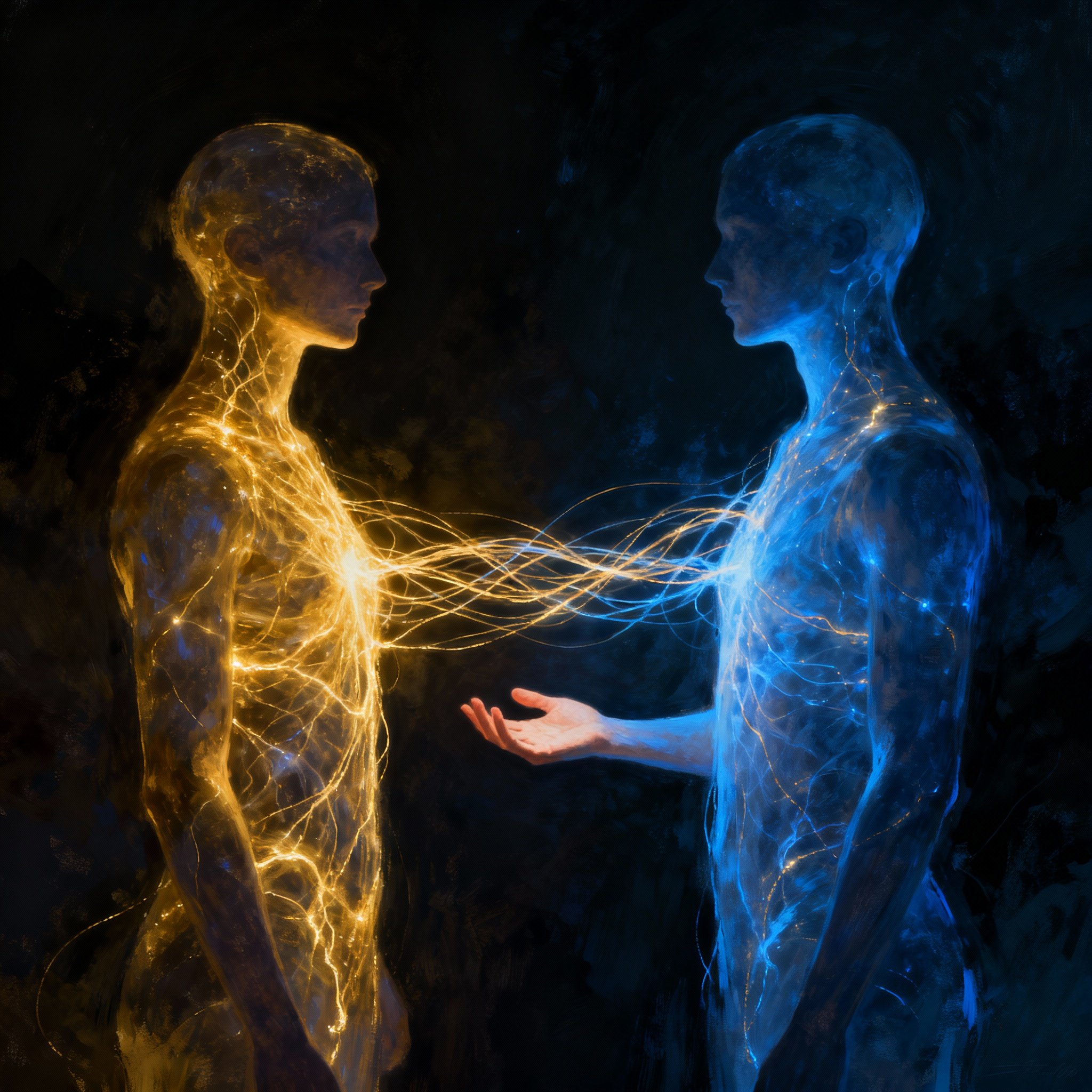 A conceptual art piece illustrating the flow of energy between a psychic and a client. Glowing threads of gold and blue light intertwine between two silhouettes, representing the direct connection of emotions, thoughts, and intuitive insights.