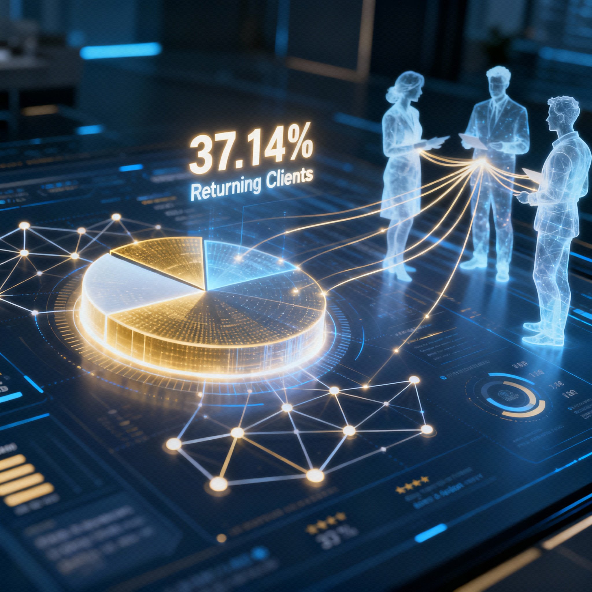 An abstract visualization of data analysis, featuring glowing pie charts and a network graph representing a 37.14% client return rate, symbolizing the deep dive into user reviews.