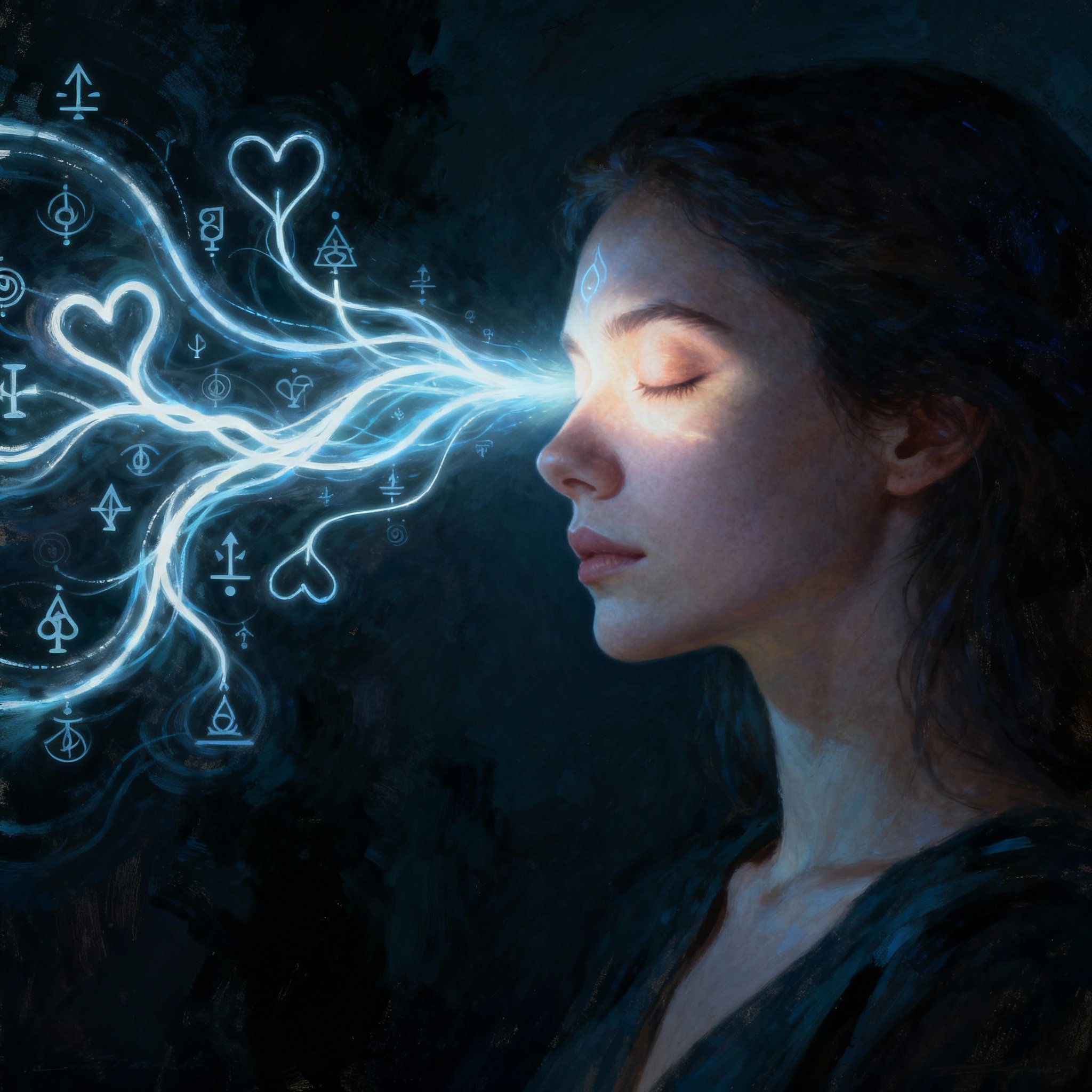 A conceptual art piece showing a psychic in deep concentration as glowing lines of energy and abstract symbols flow towards her, symbolizing her reading the energy of a complex relationship or life path.