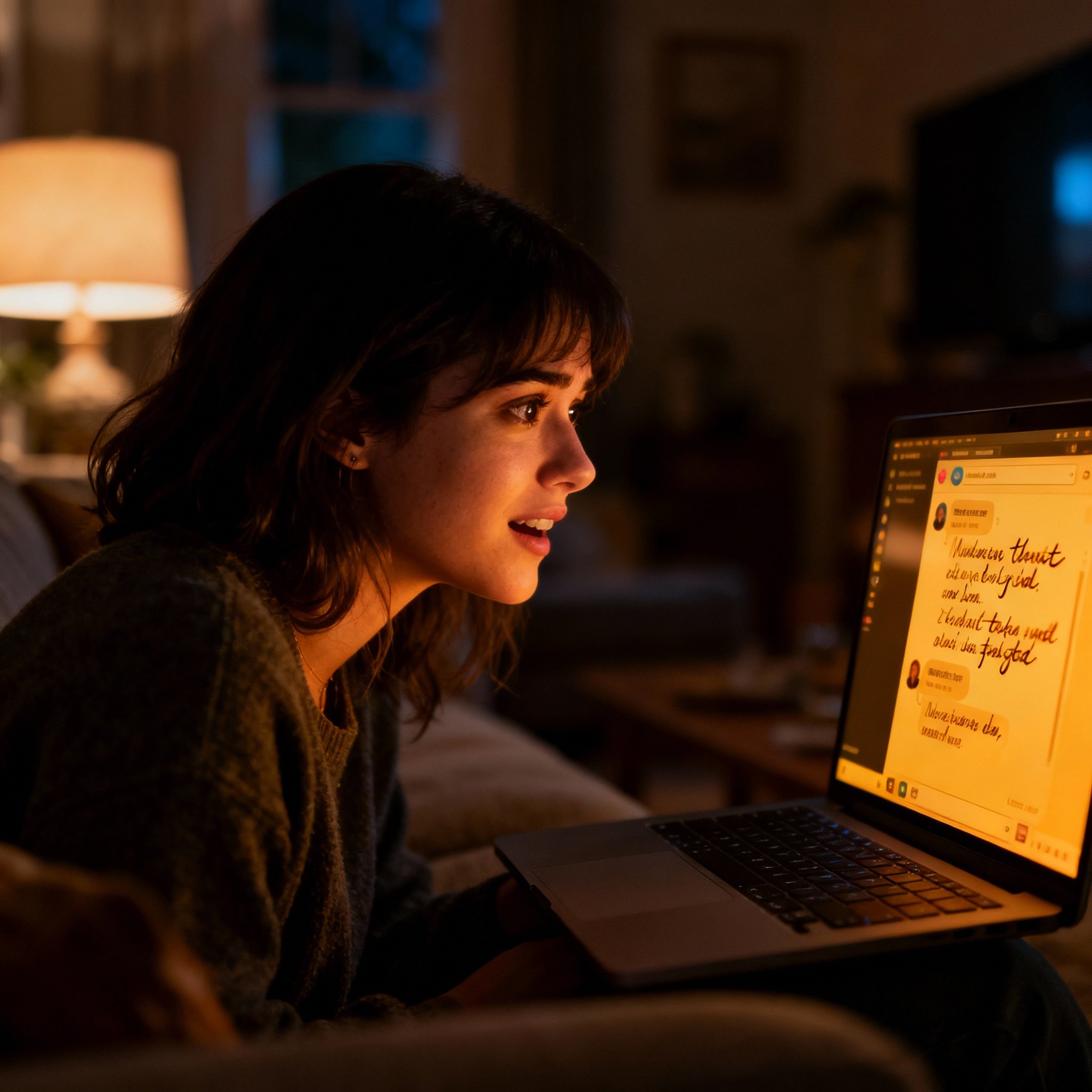 An over-the-shoulder view of a woman engaged in an online psychic chat on her laptop. The screen's glow illuminates her face, which shows an expression of relief and newfound clarity from the insights gained.