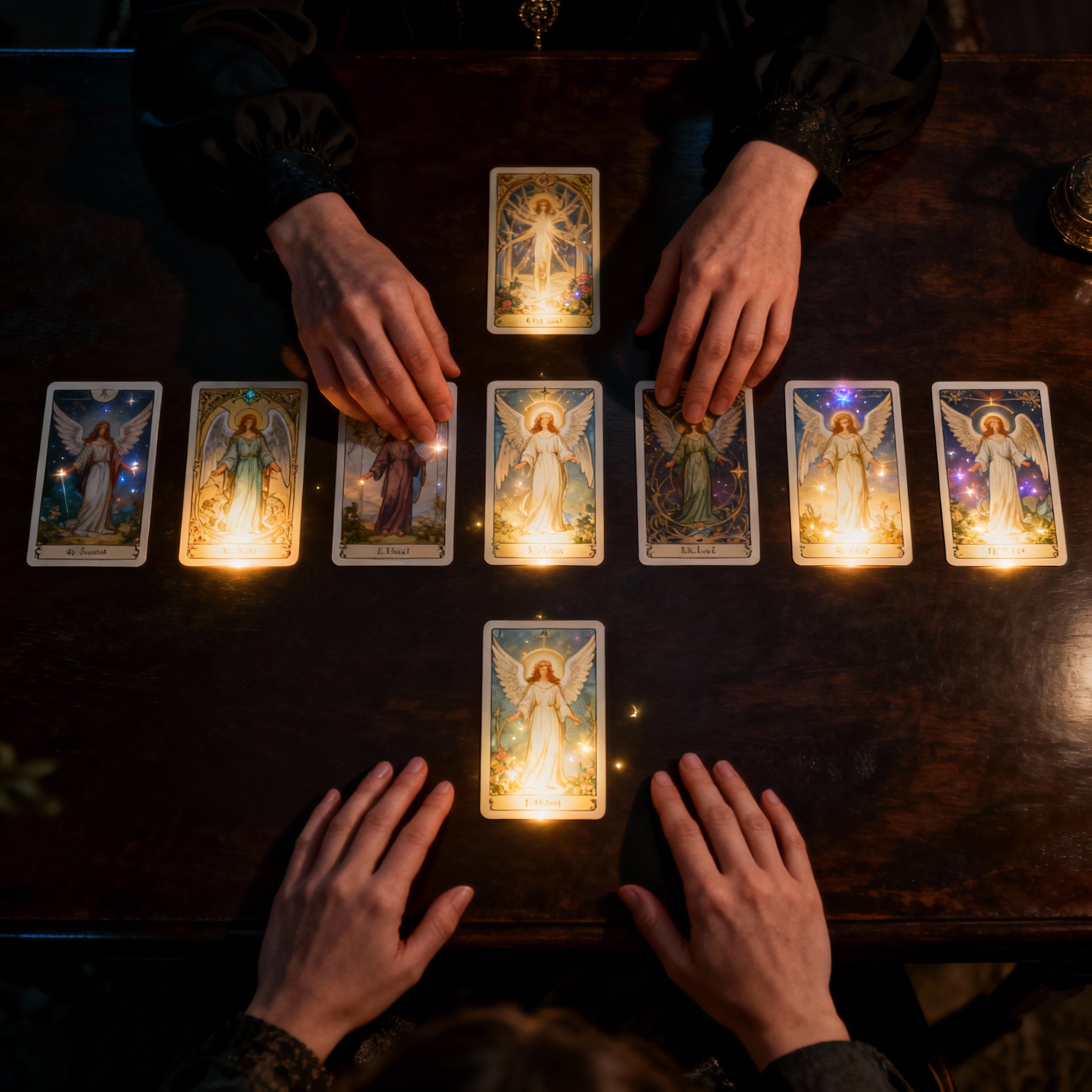 An overhead view of a consultation scene, showing psychic Audrey Jade's hands laying out glowing tarot cards on a table for a client who is seeking guidance.