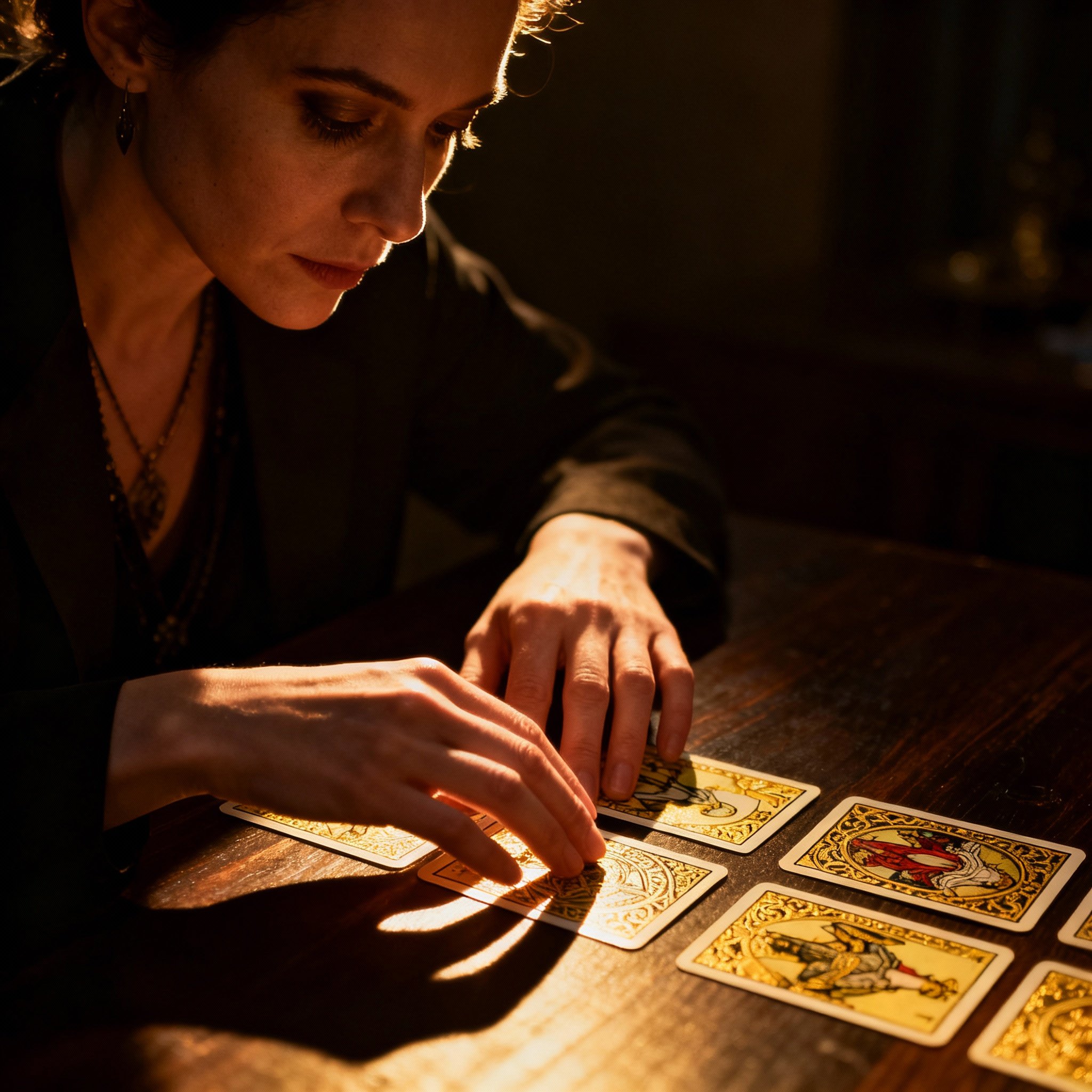A side-view of a consultation scene, where psychic Marley is intently interpreting a few tarot cards on a table, with light coming from one side, creating an atmosphere of focus and epiphany.