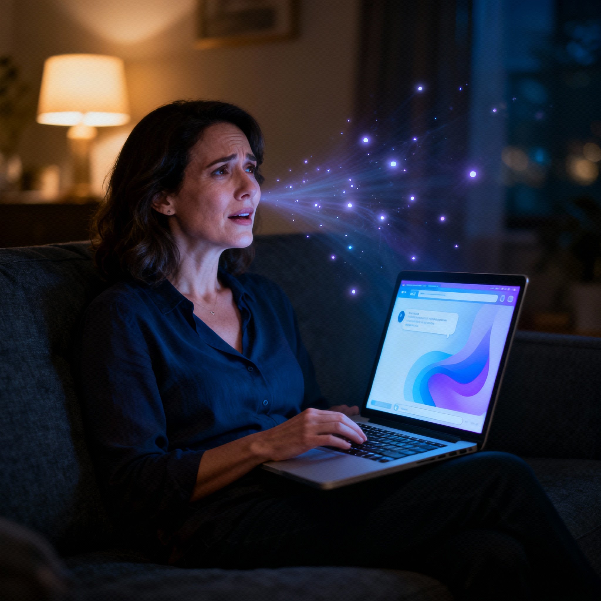 A woman sits in a dimly lit room, her face illuminated by the glow of her laptop screen. Her expression shifts from confusion to sudden realization, symbolizing the clarity gained during an online psychic chat.