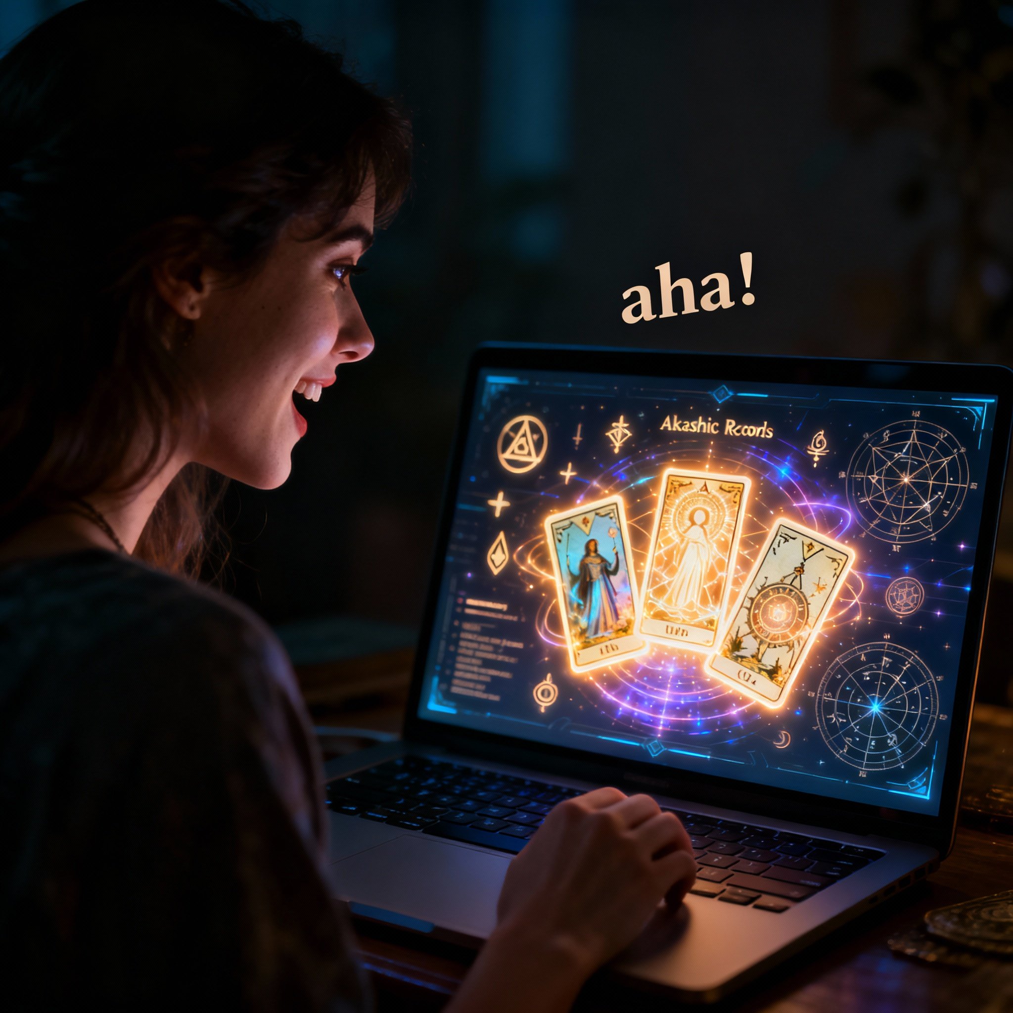 A scene from behind a user having an online consultation with a psychic on her laptop. The screen displays dynamic, glowing graphics of tarot cards, stars, and energy flows, and the light reflects on her face, capturing a moment of sudden realization and profound insight.