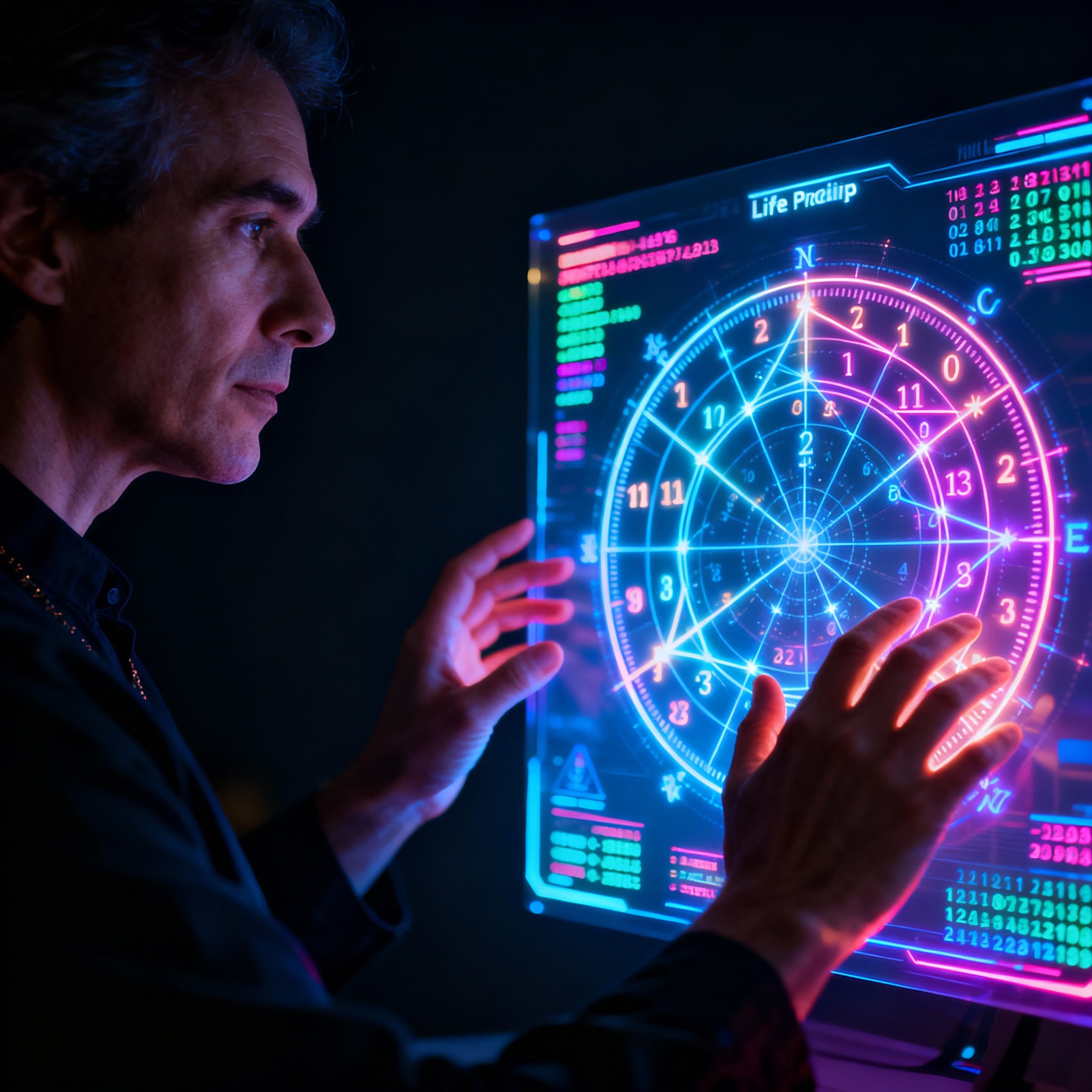 A psychic advisor analyzing a holographic astrology chart and data streams floating in the air, providing clear guidance on a client's life path.
