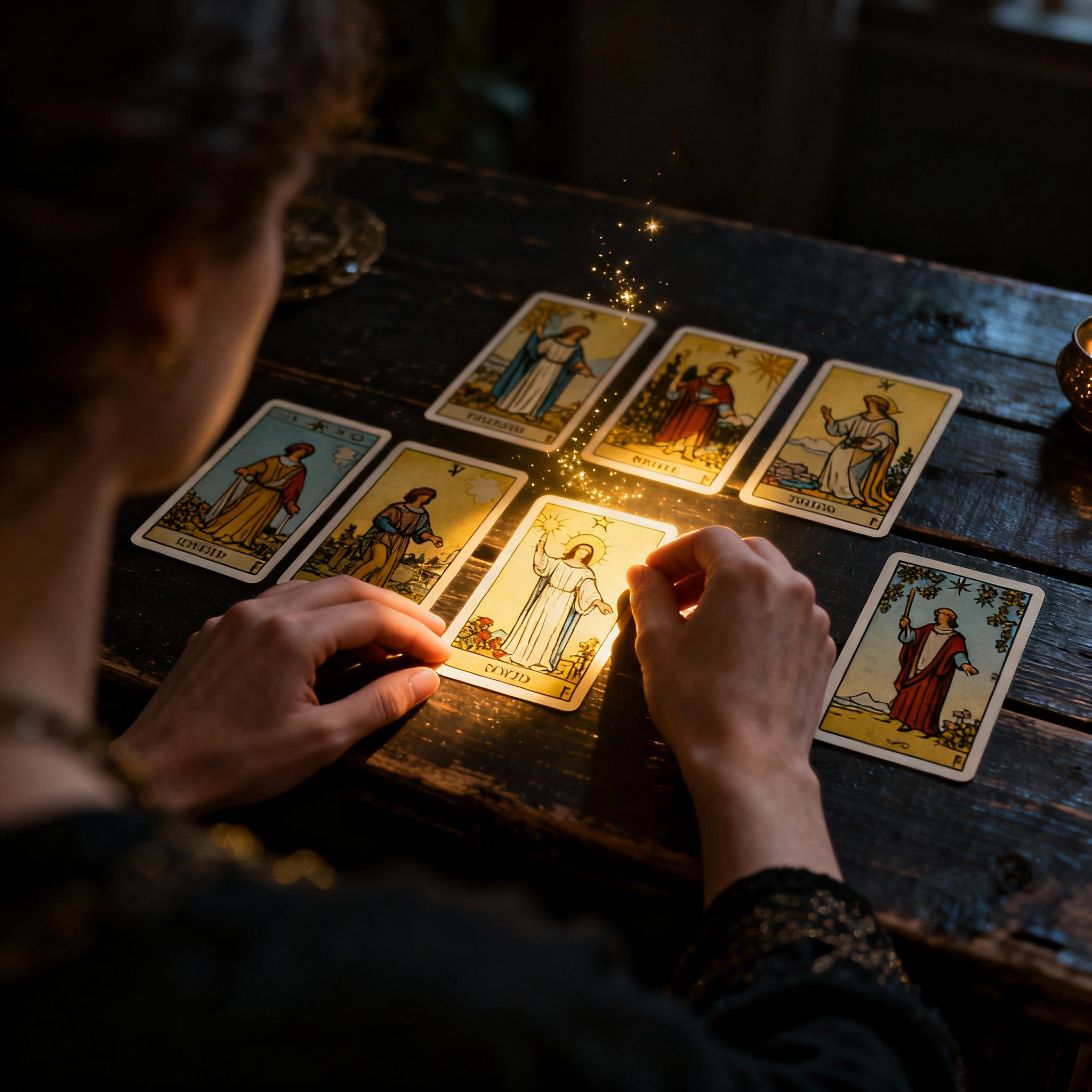 An image depicting a Tarot card reading session, with the psychic's hands gracefully arranging cards that emit a soft glow under focused light, symbolizing the moment of clarity and wisdom.